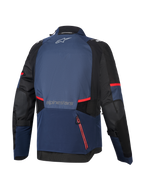 Alpinestars Andes V4 Drystar® jacka, vy bakifrån, Night Navy, Mood Indigo och svart, med röda dragkedjedetaljer och ränder, stort vattentätt fack baktill, Alpinestars-logotyp på övre och nedre ryggen, teknisk textiljacka för äventyrstouring