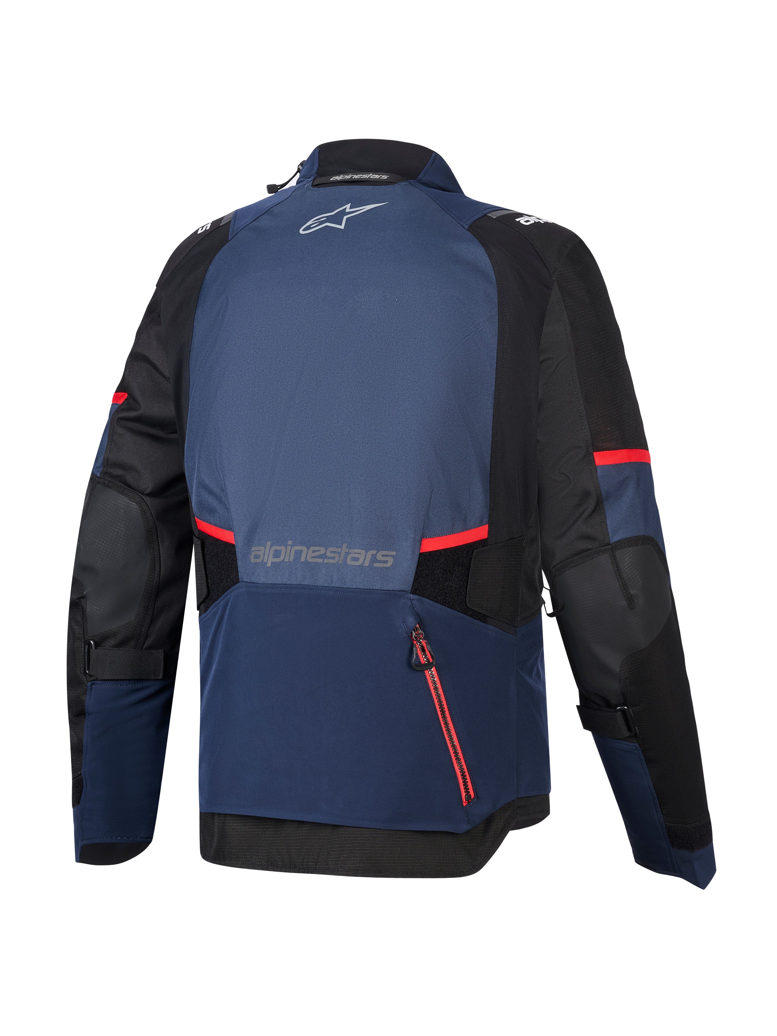 Alpinestars Andes V4 Drystar® jacka, vy bakifrån, Night Navy, Mood Indigo och svart, med röda dragkedjedetaljer och ränder, stort vattentätt fack baktill, Alpinestars-logotyp på övre och nedre ryggen, teknisk textiljacka för äventyrstouring