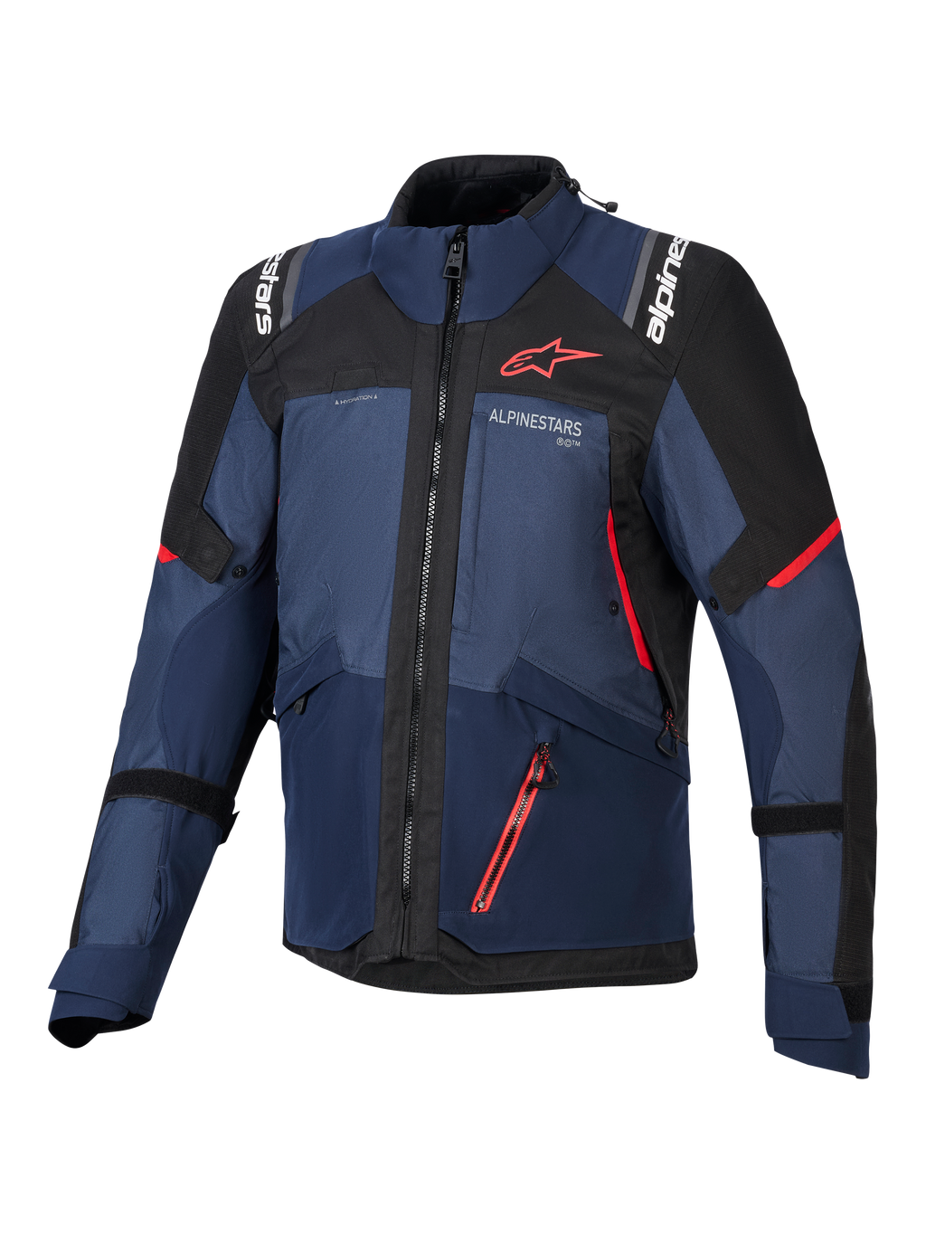 Alpinestars Andes V4 Drystar®-jacka, motorcykeljacka, Night Navy, Mood Indigo och svart, vy framifrån som visar röda detaljer och vit Alpinestars-logotyp på bröstet och axlarna, hållbar textilutrustning för äventyrskörning.