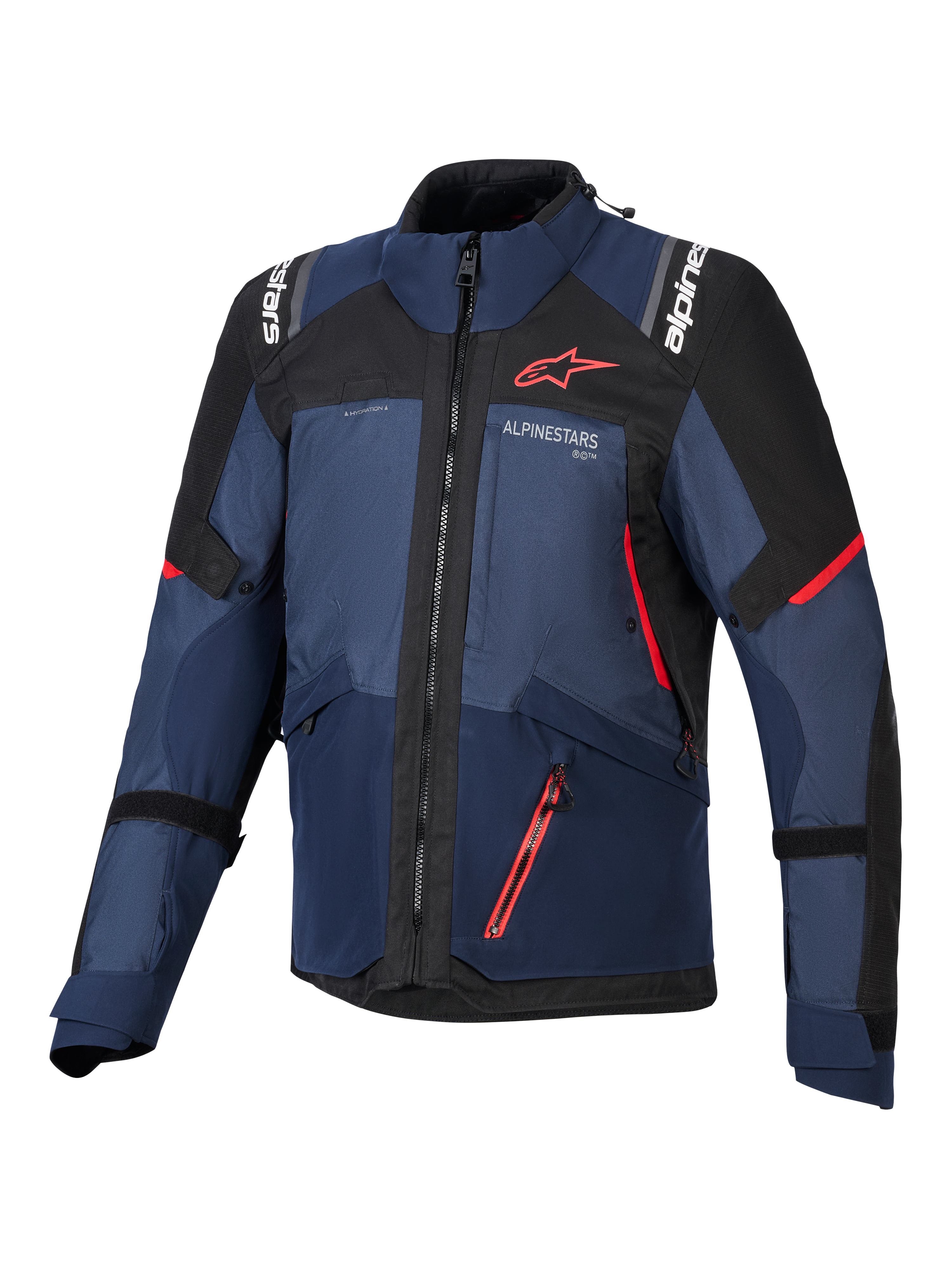 Alpinestars Andes V4 Drystar®-jacka, motorcykeljacka, Night Navy, Mood Indigo och svart, vy framifrån som visar röda detaljer och vit Alpinestars-logotyp på bröstet och axlarna, hållbar textilutrustning för äventyrskörning.