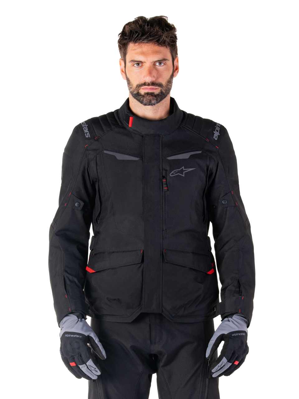 Alpinestars ST-1 Waterproof Jacket, motorcykeljacka för touring, svart med röda accenter, hög krage, flera fickor, texturerat och hållbart material, unisex