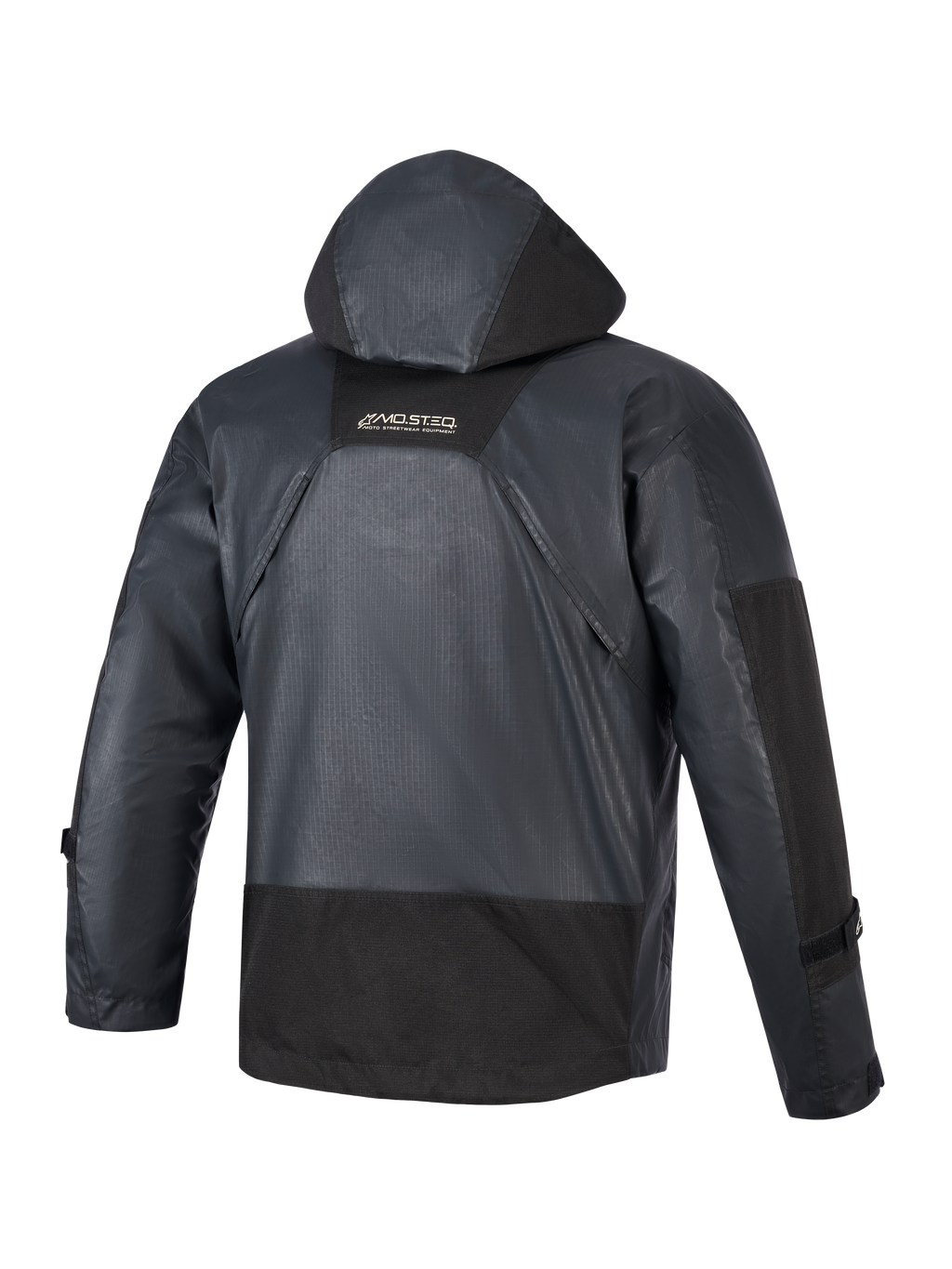 Alpinestars Mospher Waterproof Jacket, motorcykelparka, svart, vy bakifrån som visar integrerad huva och ripstop-tygkonstruktion, MO.ST.EQ-logotyp på övre ryggen, taktisk urban design för körning i alla väder