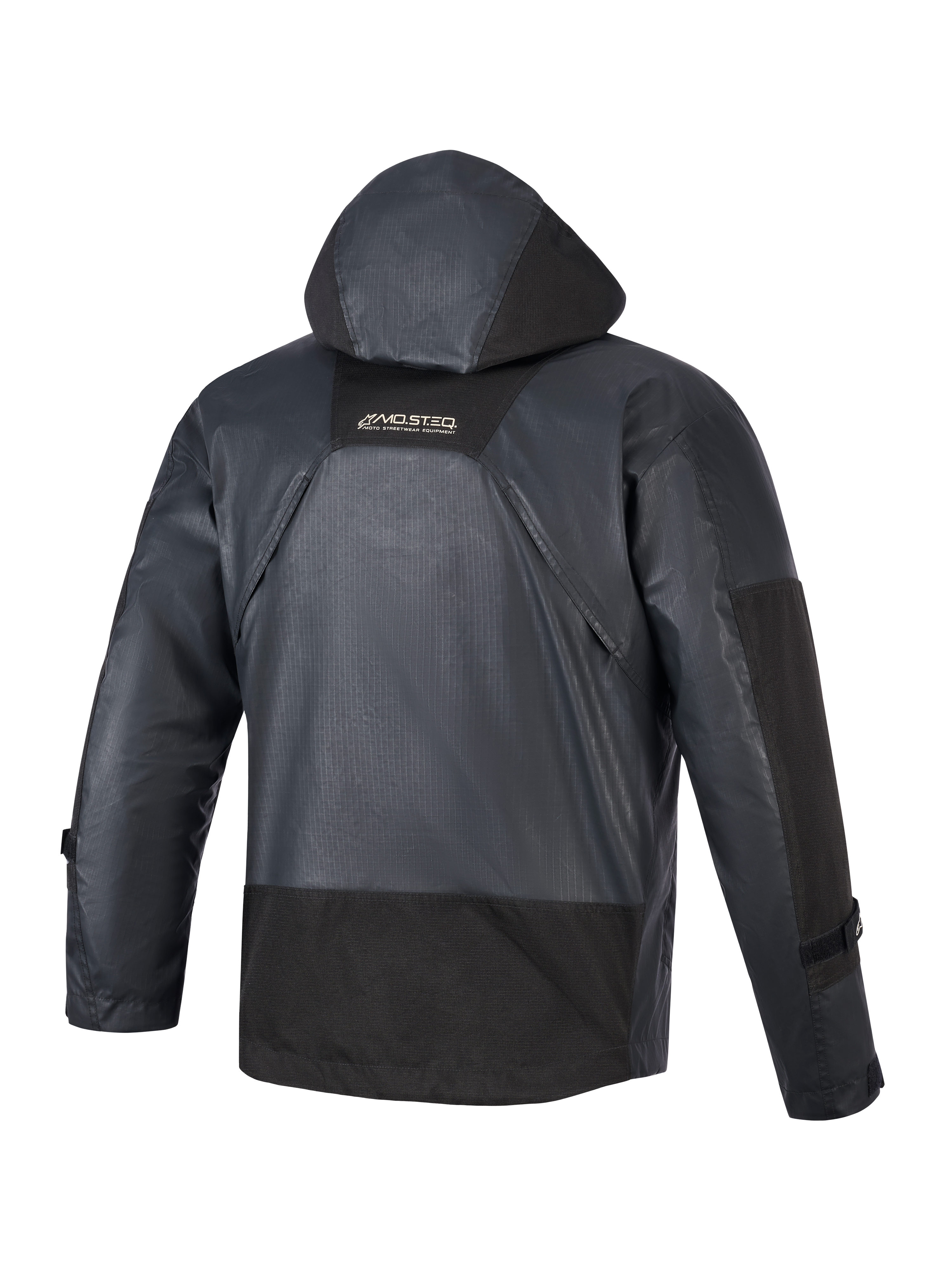 Alpinestars Mospher Waterproof Jacket, motorcykelparka, svart, vy bakifrån som visar integrerad huva och ripstop-tygkonstruktion, MO.ST.EQ-logotyp på övre ryggen, taktisk urban design för körning i alla väder