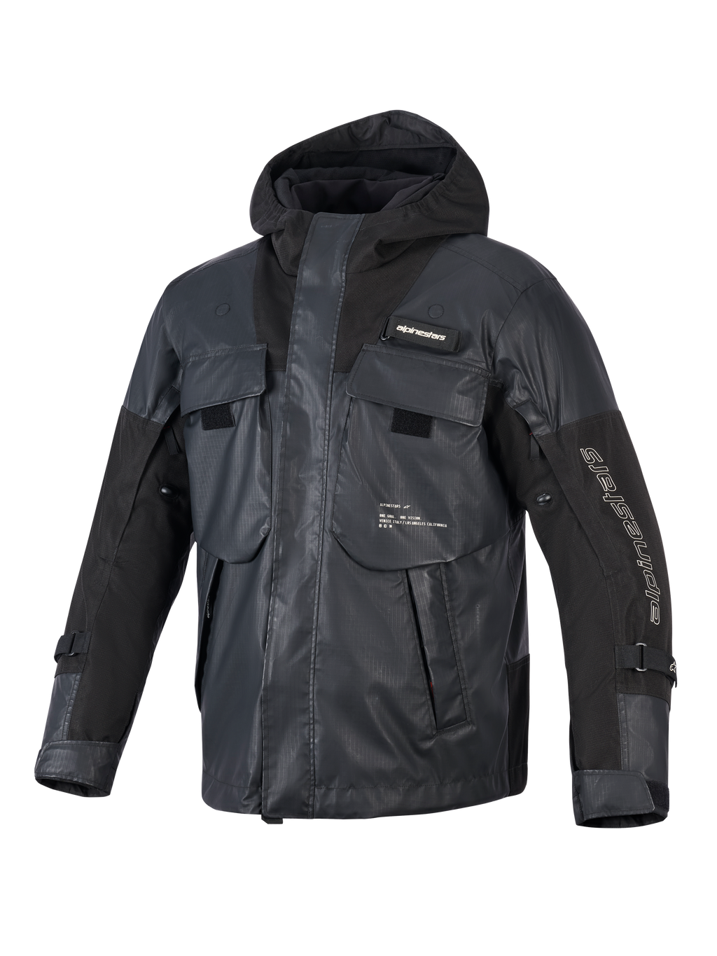Alpinestars Mospher Waterproof Jacket, svart motorcykelparka, taktisk utility-design med flera stora fickor, ripstop-textilkonstruktion, integrerad huva, vit Alpinestars-logotyp på ärmen och bröstet