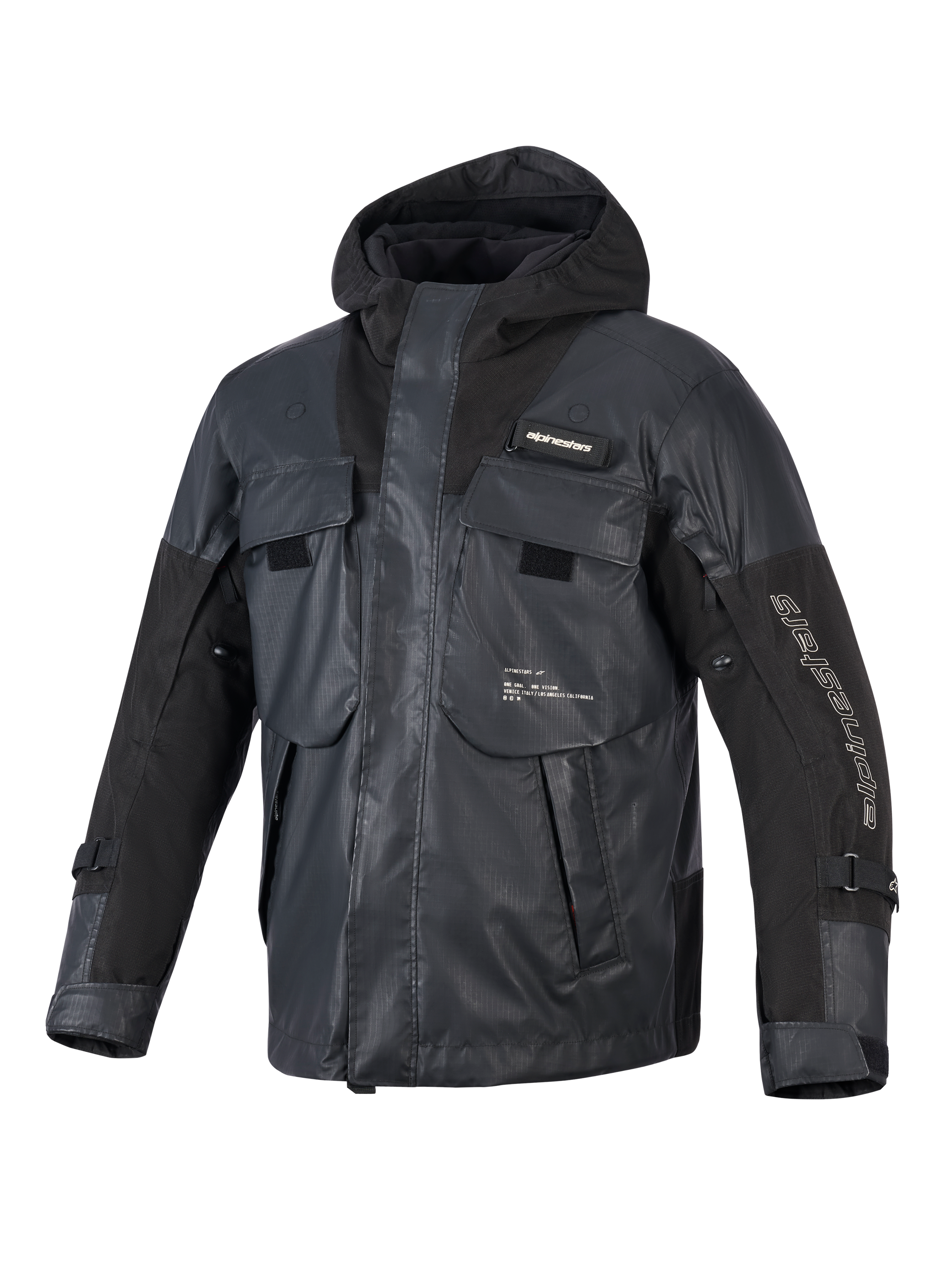 Alpinestars Mospher Waterproof Jacket, svart motorcykelparka, taktisk utility-design med flera stora fickor, ripstop-textilkonstruktion, integrerad huva, vit Alpinestars-logotyp på ärmen och bröstet