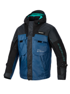 Alpinestars Mospher Waterproof Jacket, All-season motorcycle parka, Black and Dark Petrol with teal accents, tactical vest-inspired design featuring multiple large pockets, durable ripstop fabric, and integrated hood for urban commuting