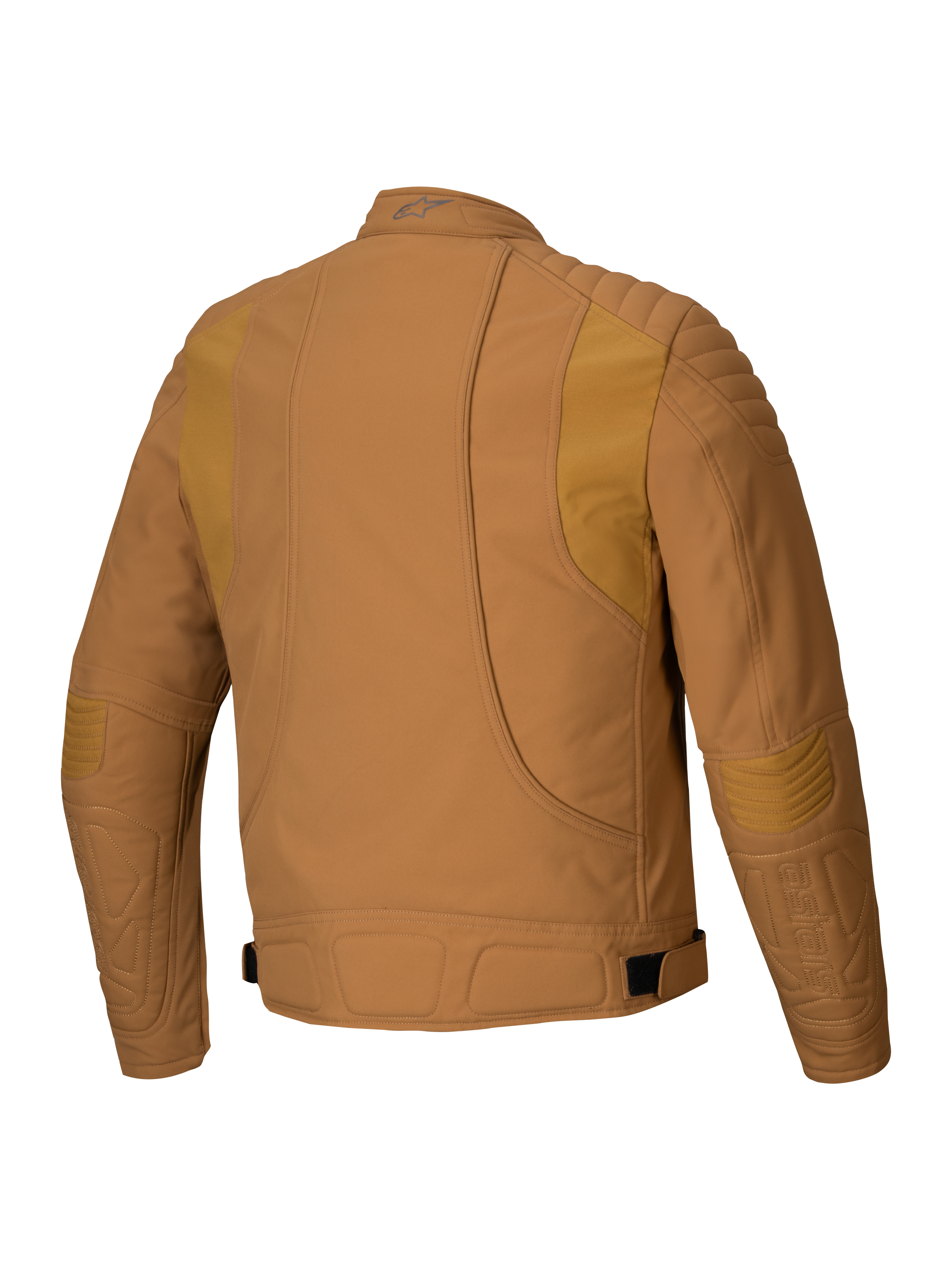 Alpinestars Clayton WR Jacket, Motorcycle Jacket, Utility Brown Light Gold, back view showing quilted padding on shoulders and elbows, ergonomic curved lines, and adjustable waist straps, urban motorcycle gear