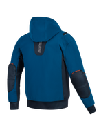 Alpinestars Moblast Waterproof Jacket, Dark Petrol and Dark Navy blue, back view of hooded motorcycle jacket, featuring softshell construction, dark navy side panels, and reinforced elbow protectors with orange logo details.
