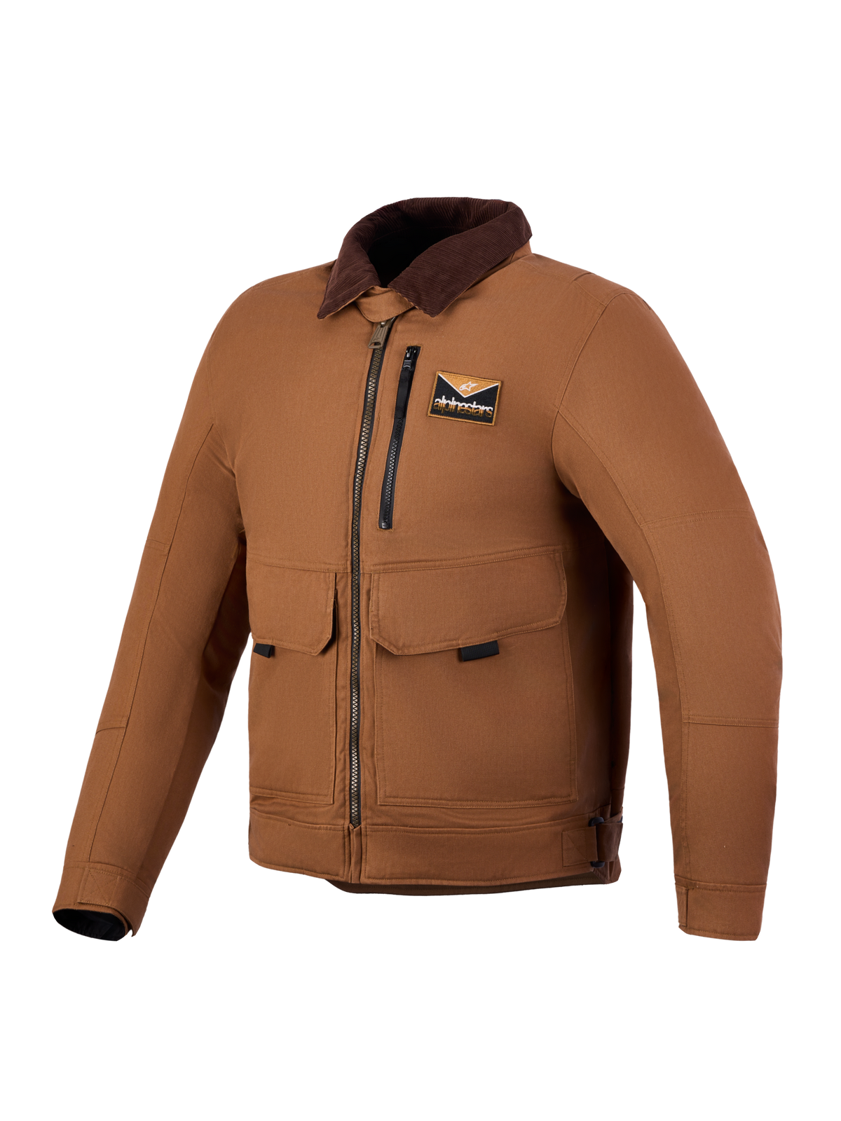 Alpinestars Mustang Waterproof Jacket, Men's textile motorcycle jacket, Dark Rust Dark Brown, workwear-inspired styling with corduroy collar and front patch pockets, CE certified
