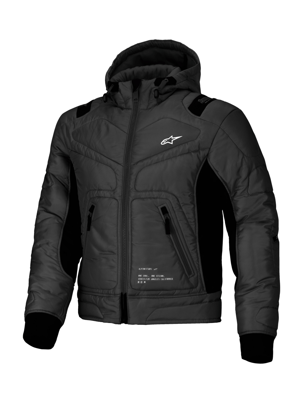 Alpinestars Mohobbs vattentät jacka, urban motorcykelbomberjacka i svart, med quiltat polytyg, integrerad huva och CE-certifierat skydd