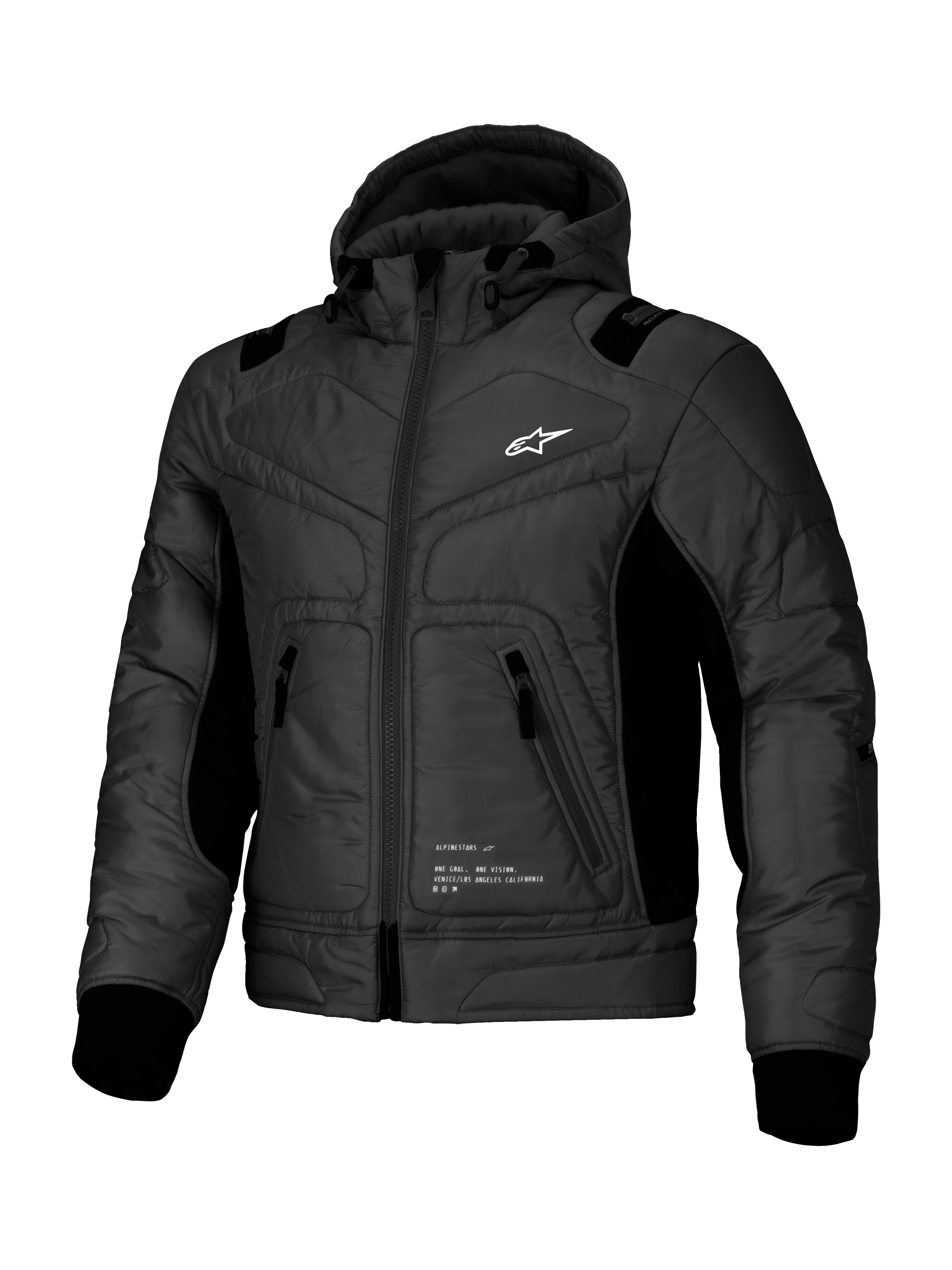 Alpinestars Mohobbs vattentät jacka, urban motorcykelbomberjacka i svart, med quiltat polytyg, integrerad huva och CE-certifierat skydd