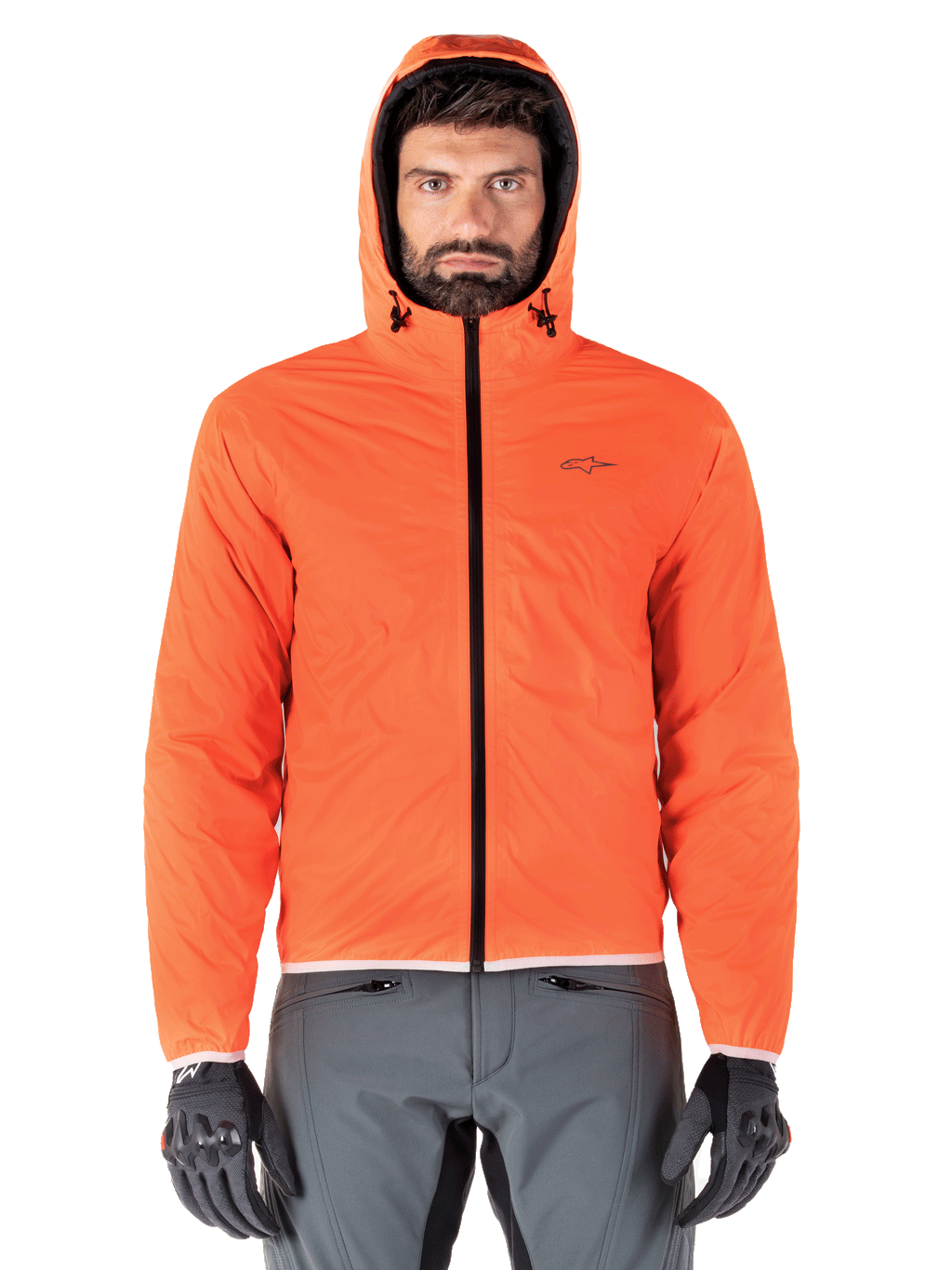 Alpinestars Mohobbs Waterproof Jacket, vadderad bomberjacka för motorcykel, svart och fluorescerande orange, quiltad design med stormsäker huva, urban streetwear-inspirerad mc-utrustning