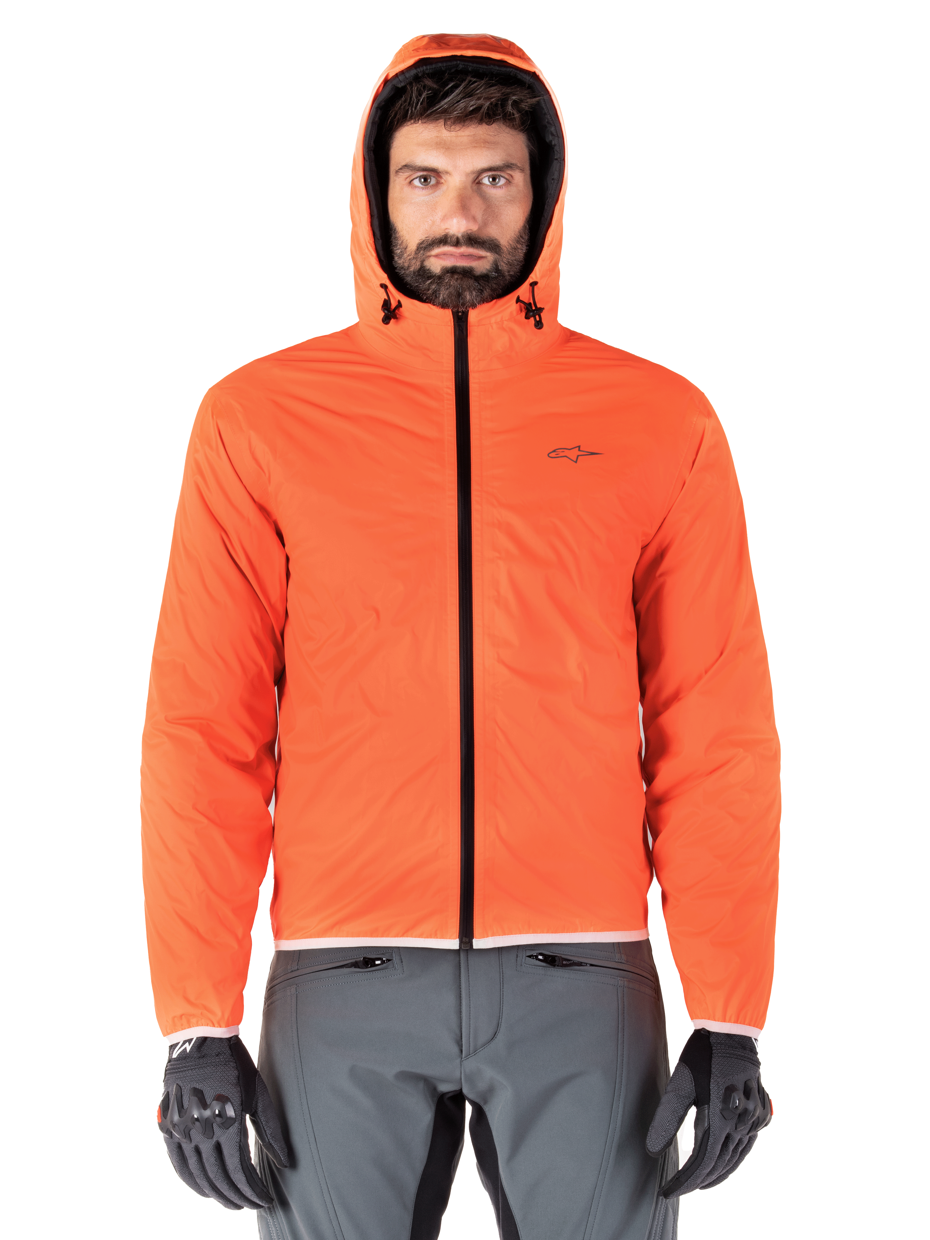 Alpinestars Mohobbs Waterproof Jacket, vadderad bomberjacka för motorcykel, svart och fluorescerande orange, quiltad design med stormsäker huva, urban streetwear-inspirerad mc-utrustning