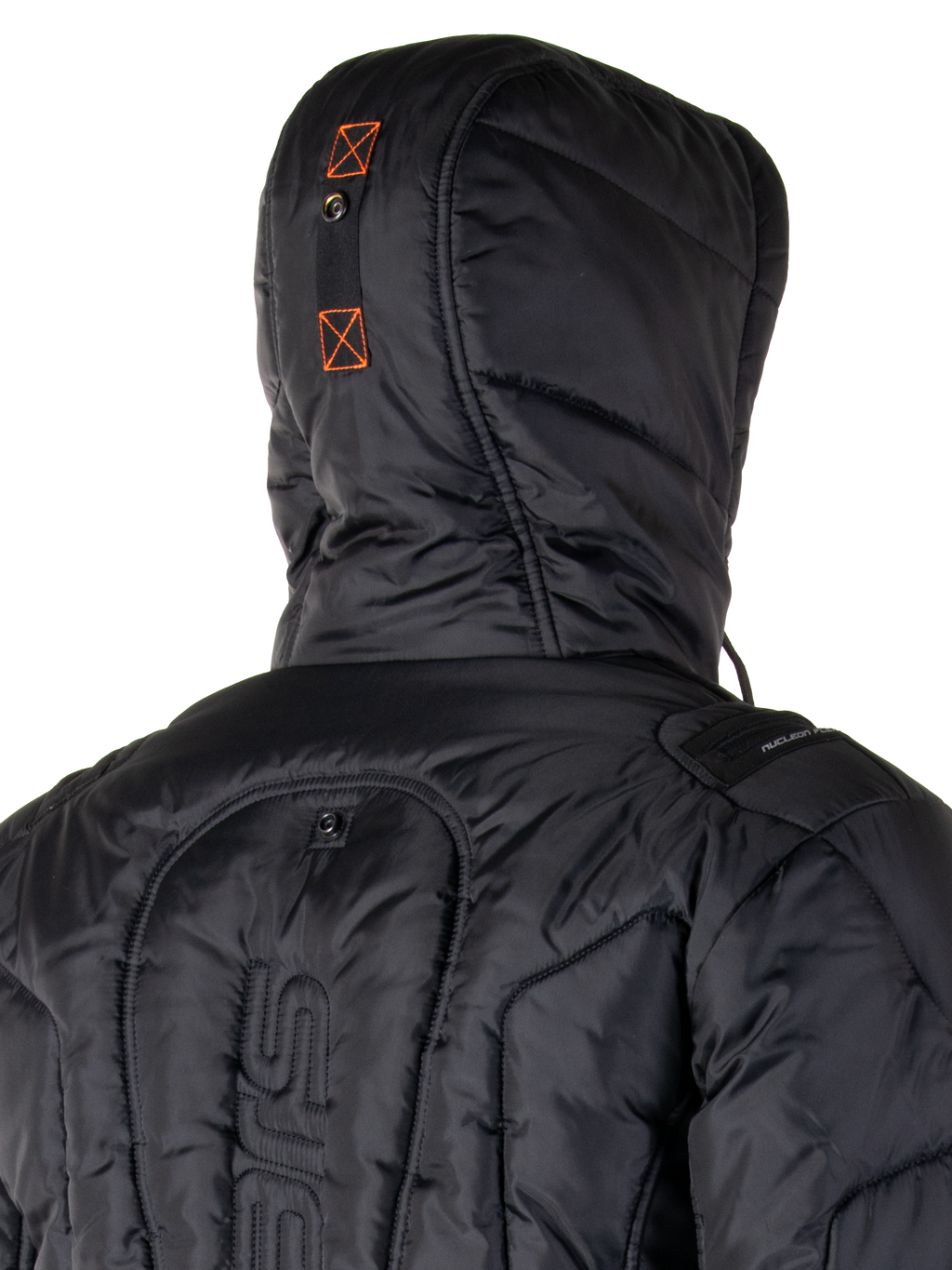 Alpinestars Mohobbs Waterproof Jacket, vadderad bomberjacka för motorcykel, svart och orange fluo, quiltad textur med isolerande vaddering, har huva och dragkedja fram, modern urban streetwear för MC-körning