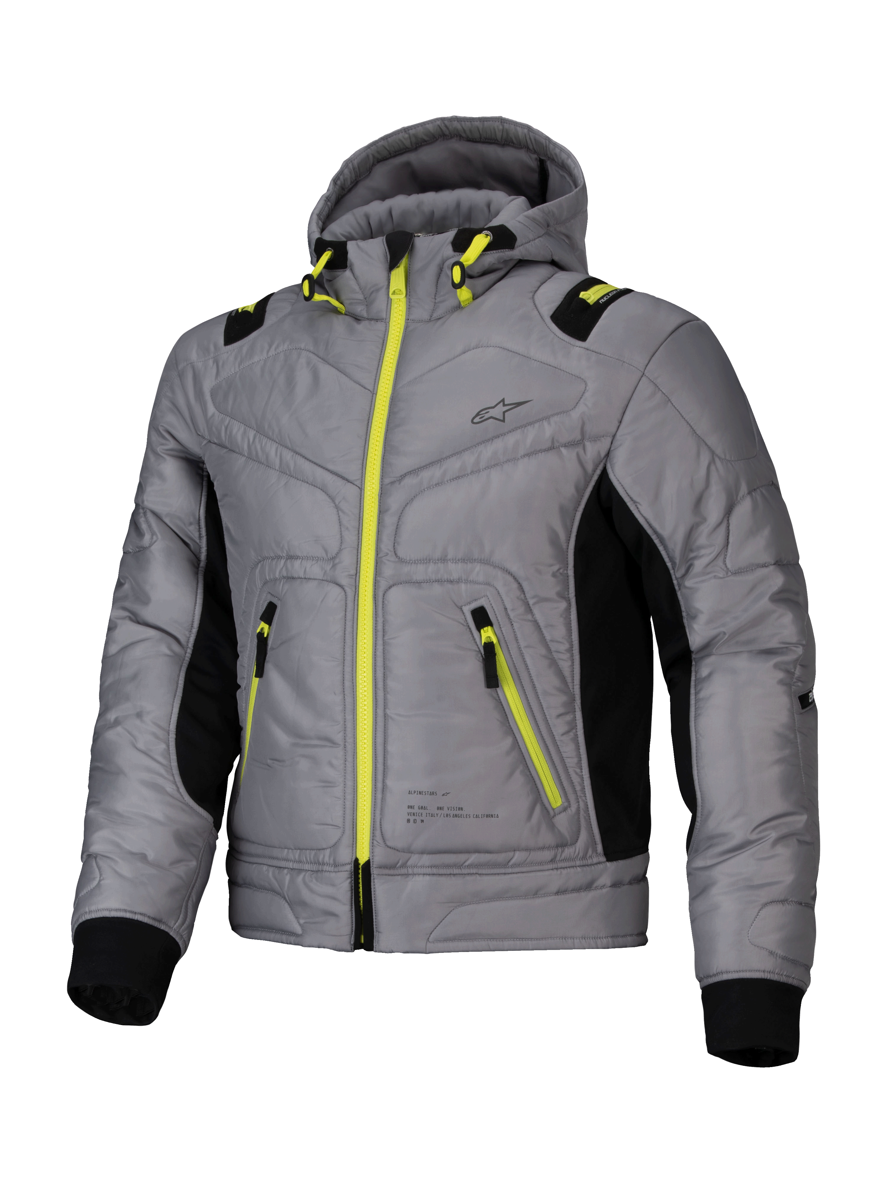 Alpinestars Mohobbs vattentät jacka, urban samtida motorcykelbomberjacka för herrar, grå och limegröna detaljer med svarta inslag, CE-certifierad med Nucleon Flex Plus-skydd och Tech-Air-redo design