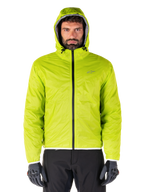 Alpinestars Mohobbs Waterproof Jacket, Lime Punch packable raincover, bright lime green hooded shell worn with black riding pants and gray motorcycle gloves, urban moto-streetwear style.