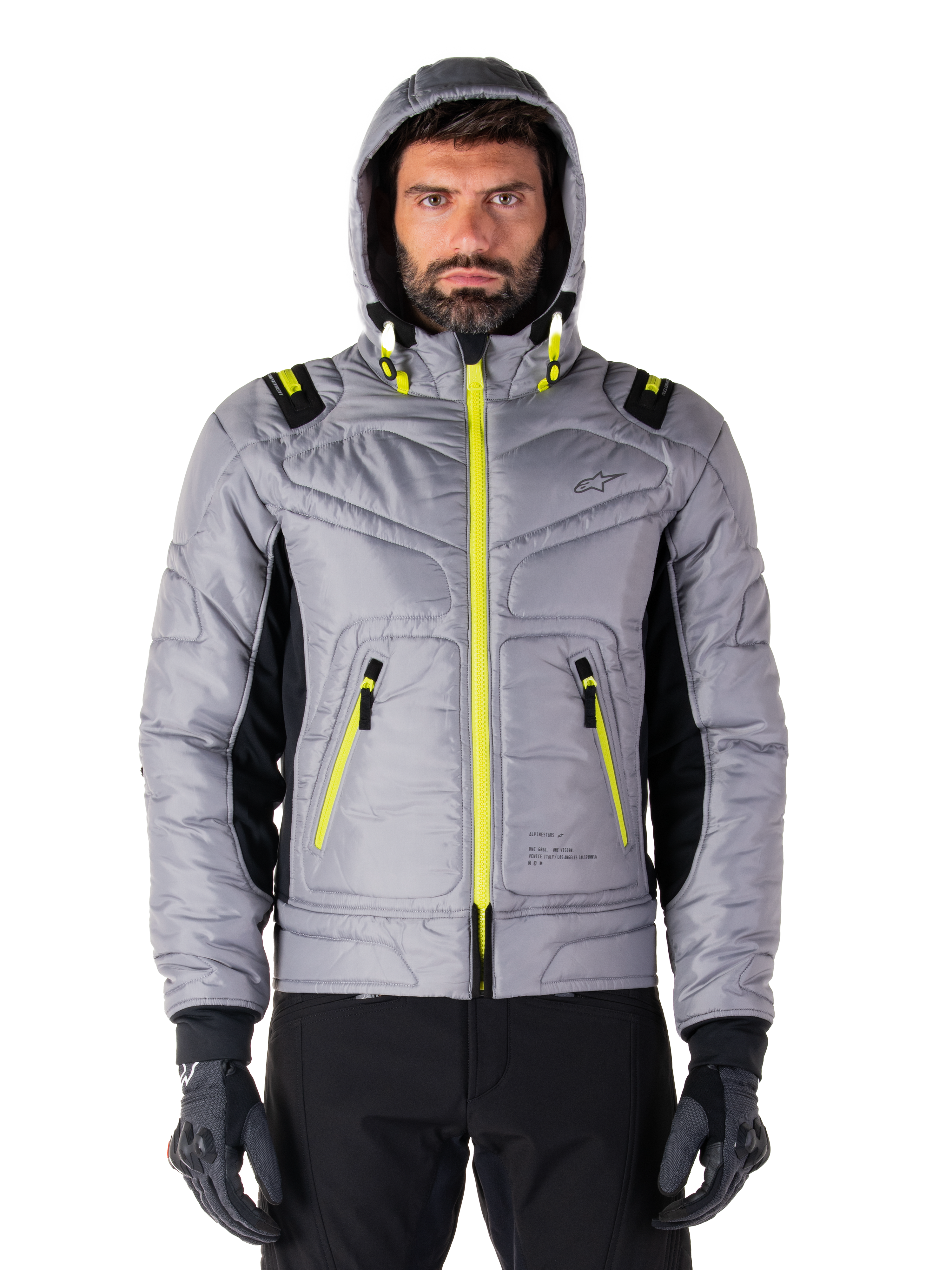 Alpinestars Mohobbs Waterproof Jacket, Motorcycle Bomber Jacket, Lunar Gray and Lime Punch, quilted design with bright neon yellow zippers and hood accents, modern urban moto streetwear.