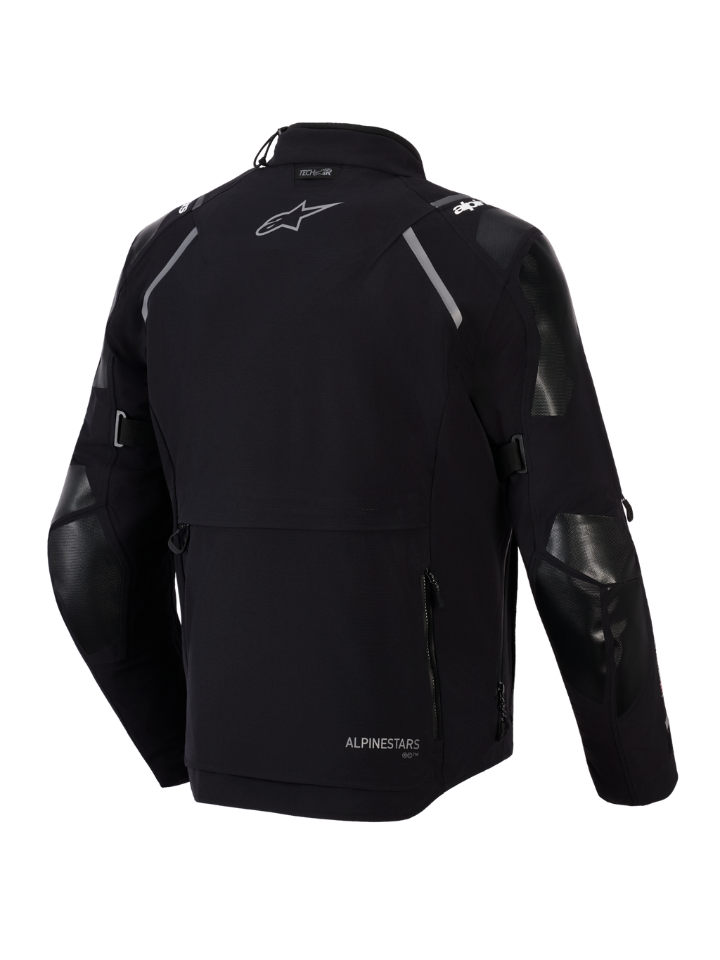 Alpinestars Andes Pro Drystar® XF jacka, baksida, svart och mörkgrå, adventure touring-textiljacka med en stor bakre förvaringsficka, reflekterande axeldetaljer, Alpinestars-logotyp och Tech-Air®-kompatibilitetsmärkning.