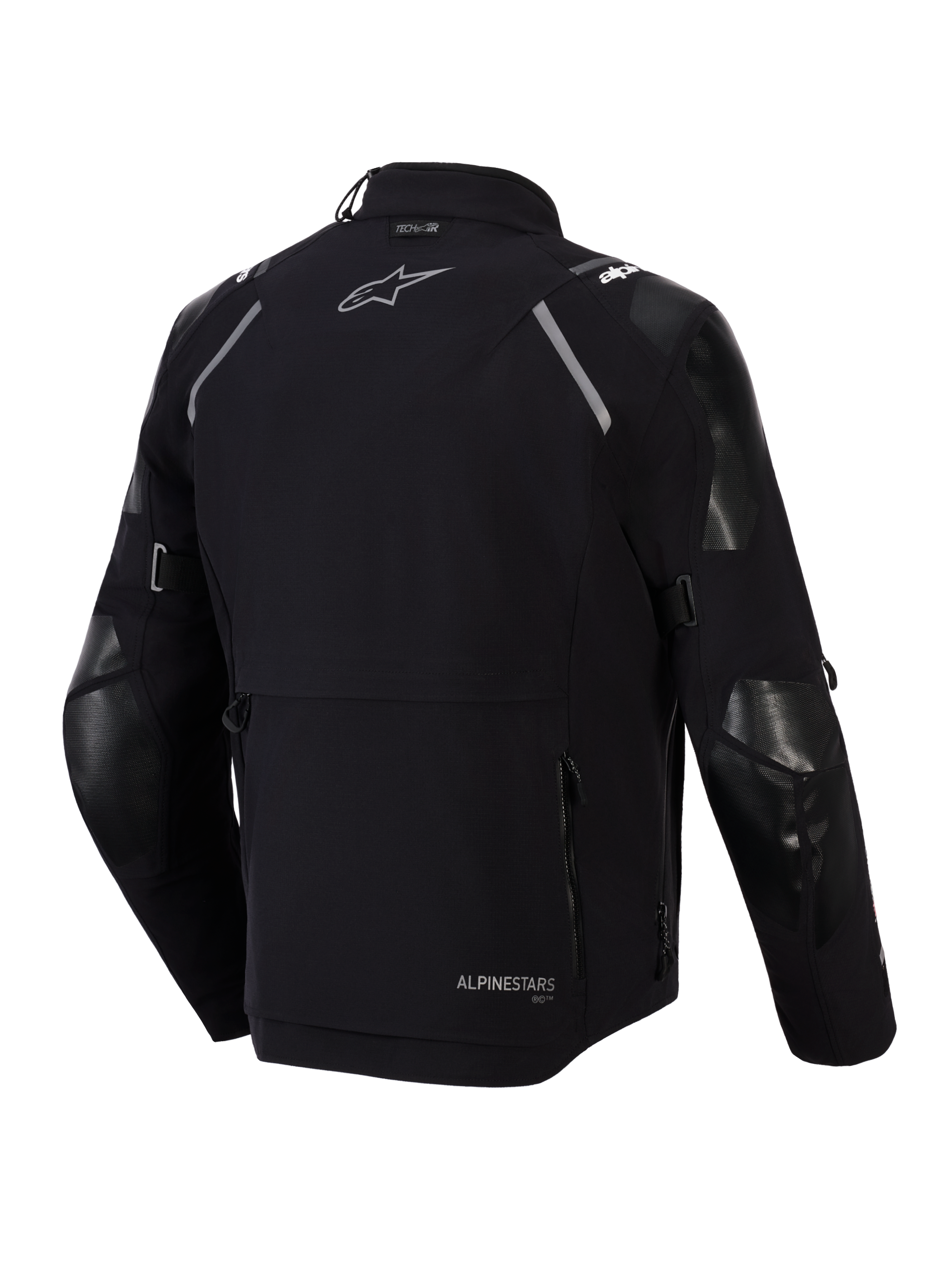 Alpinestars Andes Pro Drystar® XF jacka, baksida, svart och mörkgrå, adventure touring-textiljacka med en stor bakre förvaringsficka, reflekterande axeldetaljer, Alpinestars-logotyp och Tech-Air®-kompatibilitetsmärkning.