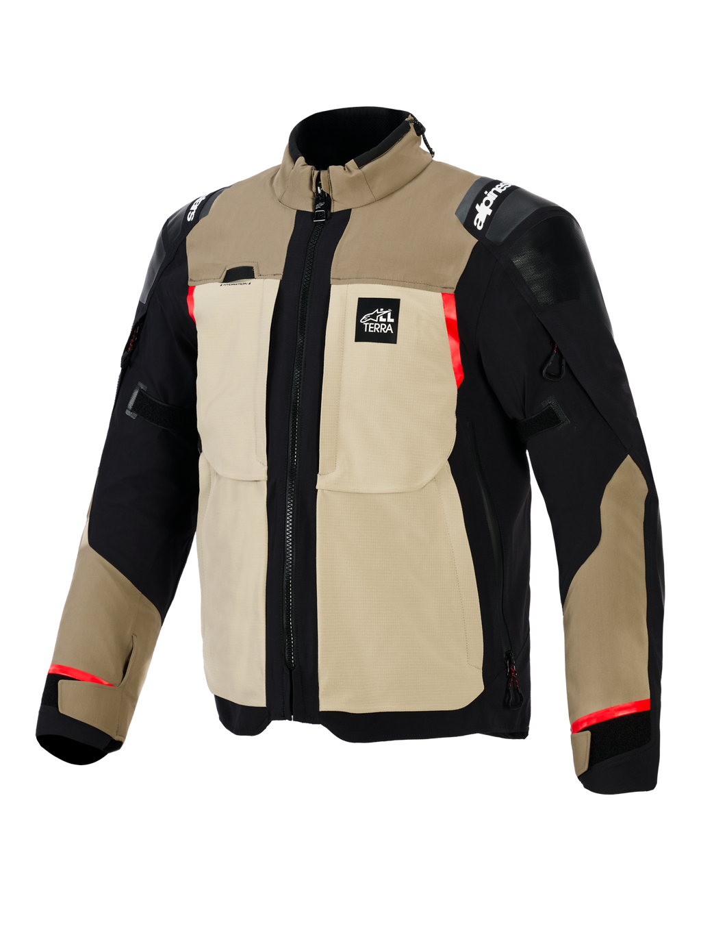 Alpinestars Andes Pro Drystar® XF-jacka, äventyrsmotorcykeljacka, färgkombination i Walnut och Aluminum, tan- och svart textilkonstruktion med röda detaljer, stora praktiska bröstfickor, 'All Terra'-logotyp på bröstet och förstärkta axelpaneler.