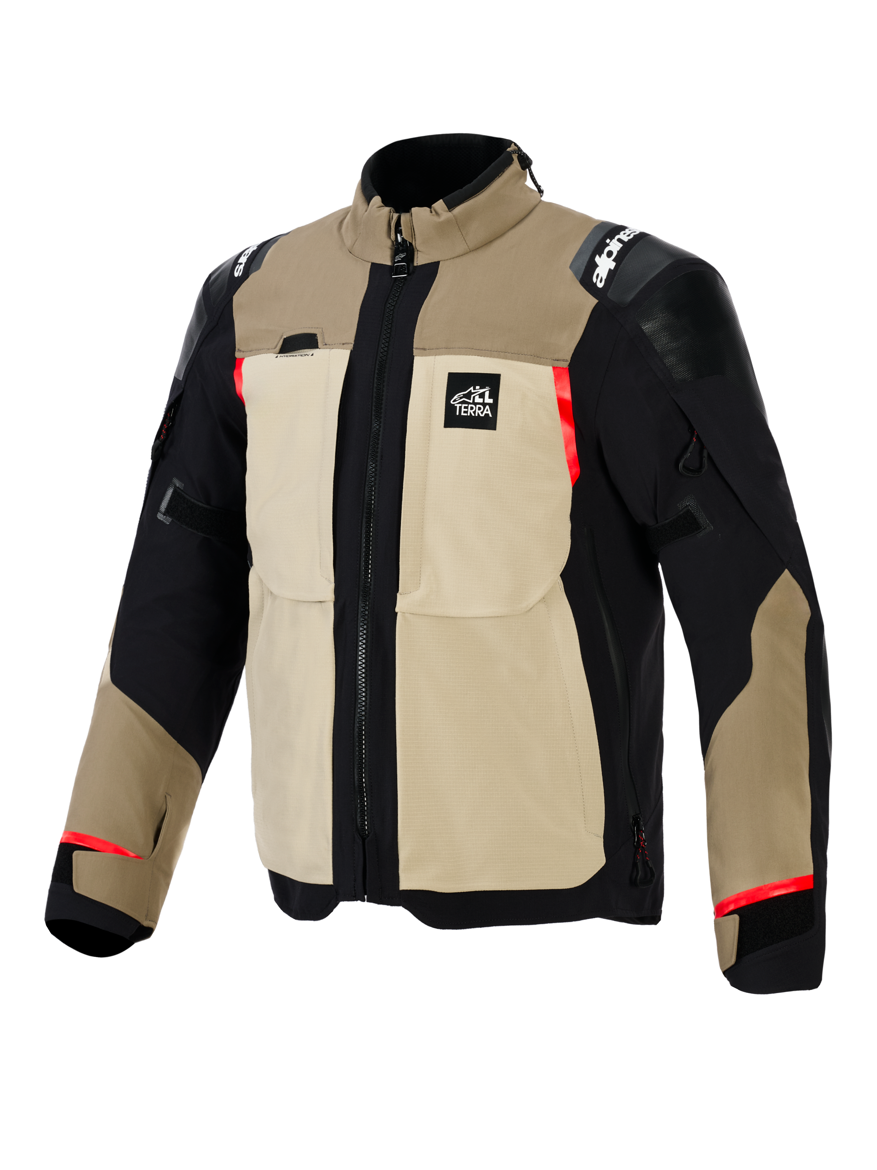 Alpinestars Andes Pro Drystar® XF-jacka, äventyrsmotorcykeljacka, färgkombination i Walnut och Aluminum, tan- och svart textilkonstruktion med röda detaljer, stora praktiska bröstfickor, 'All Terra'-logotyp på bröstet och förstärkta axelpaneler.