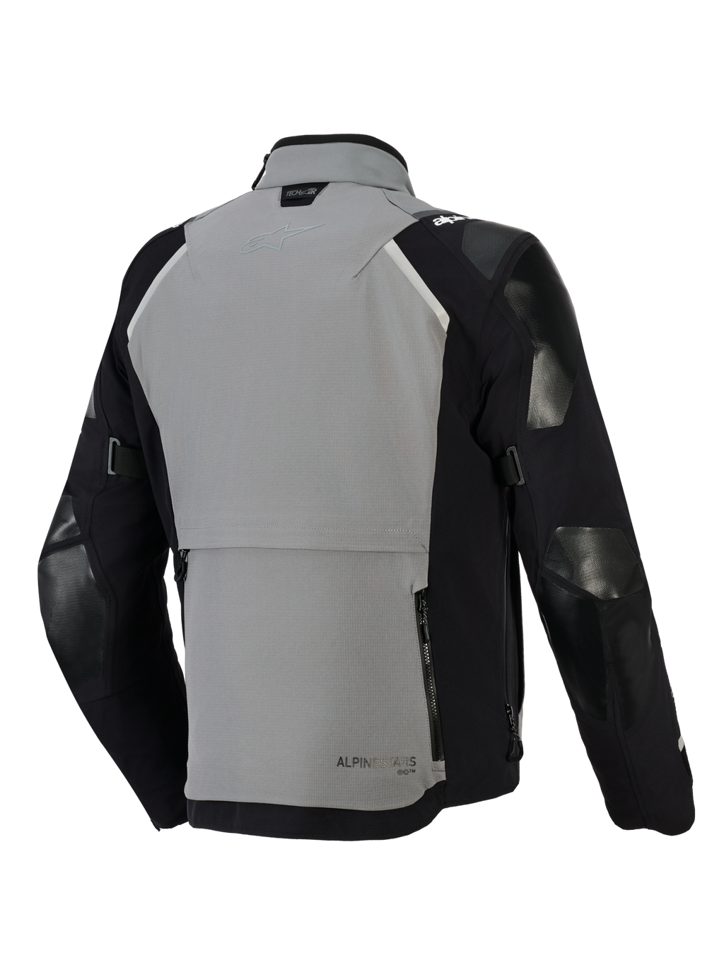 Alpinestars Andes Pro Drystar® XF-jacka, äventyrsmotorcykeljacka, mörkgrå och svart, baksida med ett stort bakre förvaringsfack med dragkedjor, justerbara ärmremmar och Tech-Air-branding på kragen, slitstark textilskalsdesign
