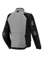 Alpinestars Andes Pro Drystar® XF-jacka, äventyrsmotorcykeljacka, mörkgrå och svart, baksida med ett stort bakre förvaringsfack med dragkedjor, justerbara ärmremmar och Tech-Air-branding på kragen, slitstark textilskalsdesign