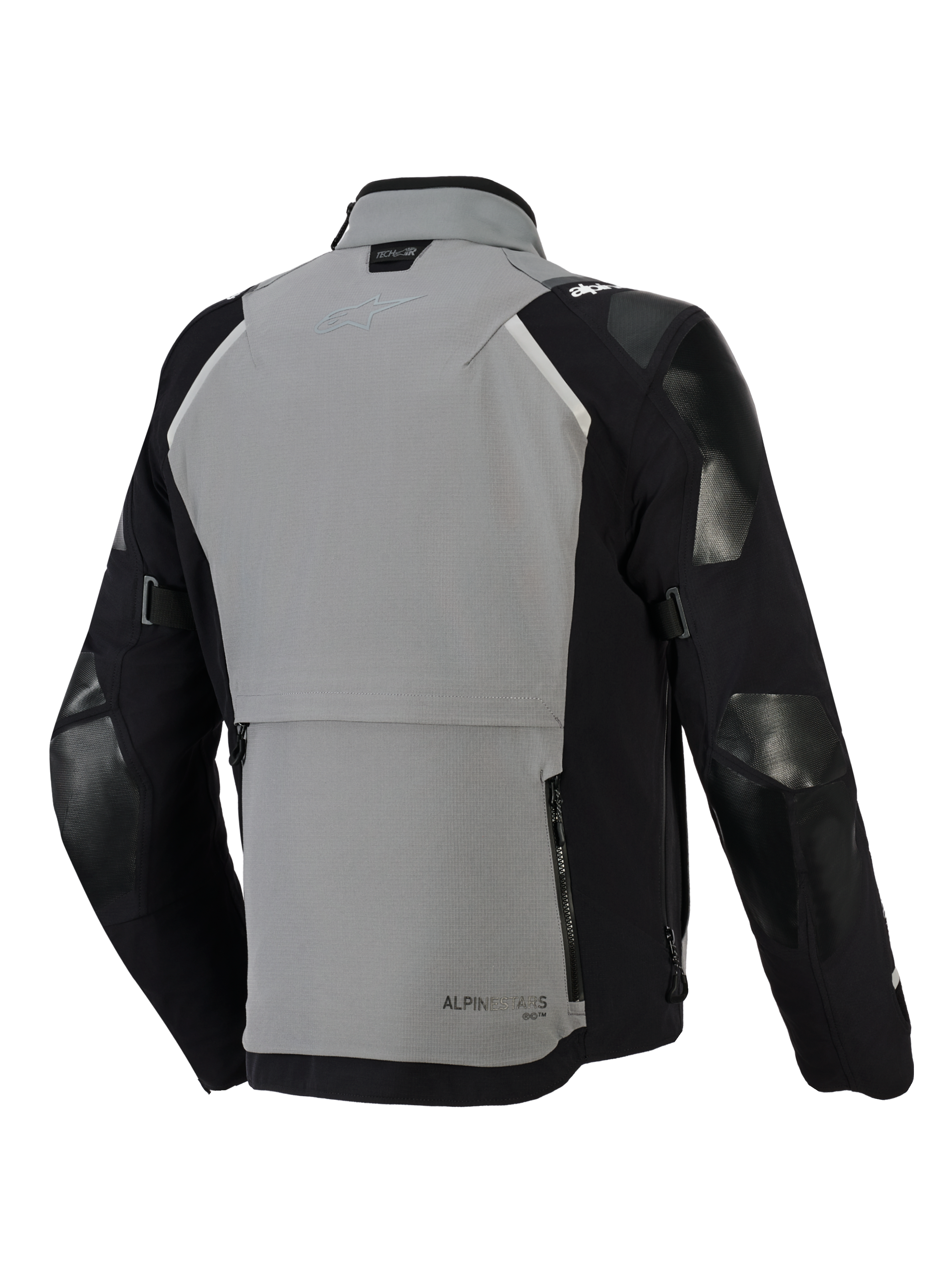 Alpinestars Andes Pro Drystar® XF-jacka, äventyrsmotorcykeljacka, mörkgrå och svart, baksida med ett stort bakre förvaringsfack med dragkedjor, justerbara ärmremmar och Tech-Air-branding på kragen, slitstark textilskalsdesign