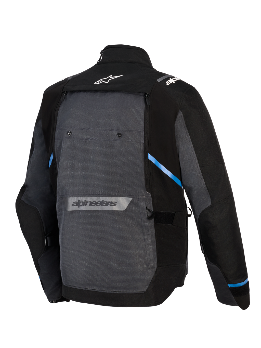 Alpinestars Cusco Drystar® jacka, motorcykeljacka för äventyrstouring, svart och mörkgrå, ryggvy som visar en stor grå bakpanel, blå detaljer, Alpinestars-logotyper på övre och nedre ryggen, hållbar ripstop-textilkonstruktion