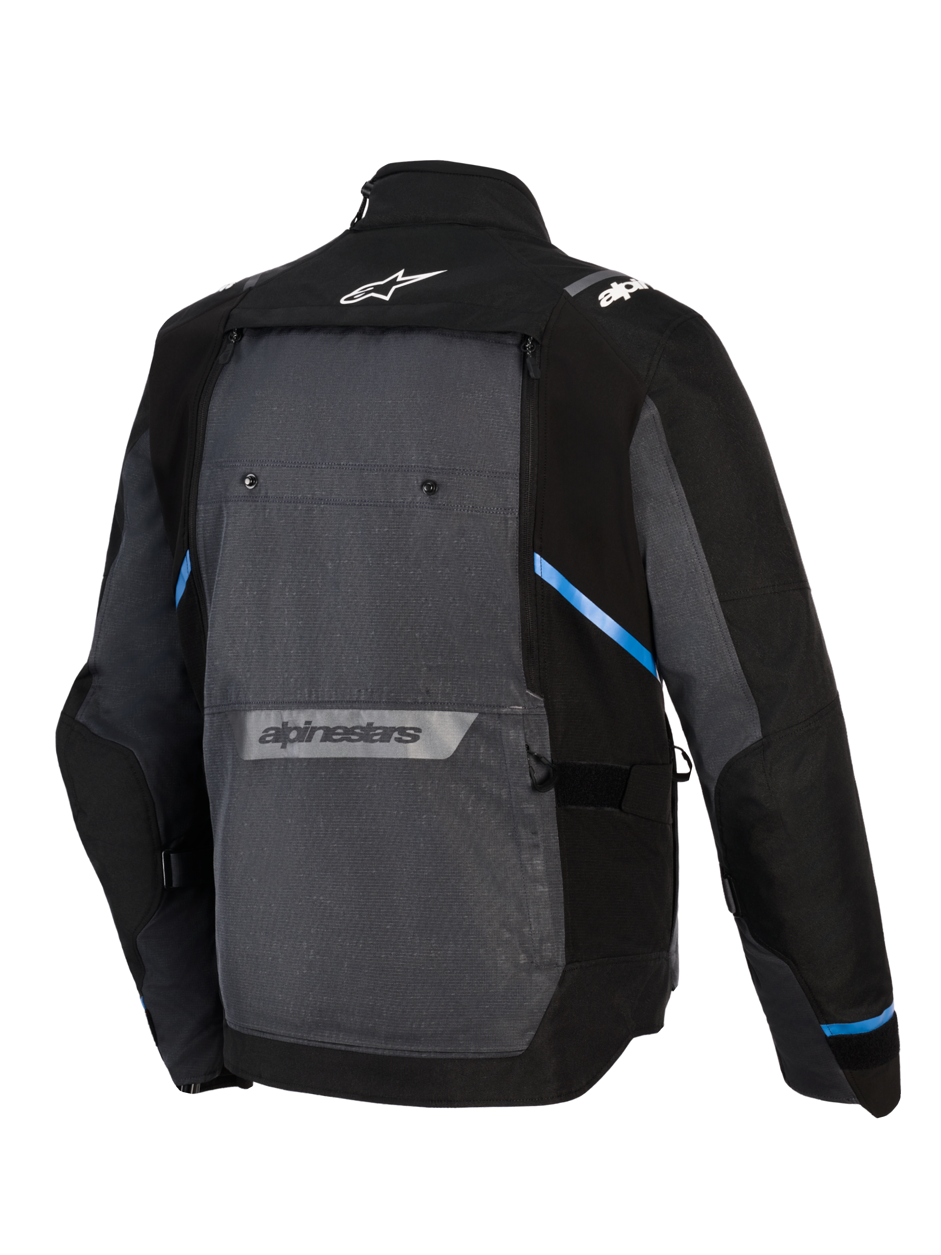 Alpinestars Cusco Drystar® jacka, motorcykeljacka för äventyrstouring, svart och mörkgrå, ryggvy som visar en stor grå bakpanel, blå detaljer, Alpinestars-logotyper på övre och nedre ryggen, hållbar ripstop-textilkonstruktion