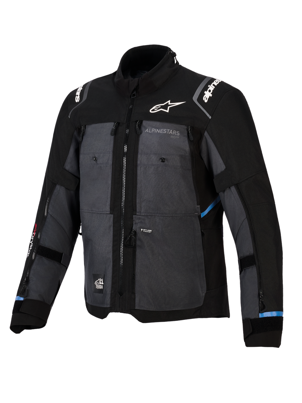 Alpinestars Cusco Drystar®-jacka, adventure touring-jacka, svart och mörkgrå, med paneler i ripstop-textil, vit Alpinestars-logotyp på bröstet och axlarna, flera ventilationsdragkedjor och ljusblå detaljer.