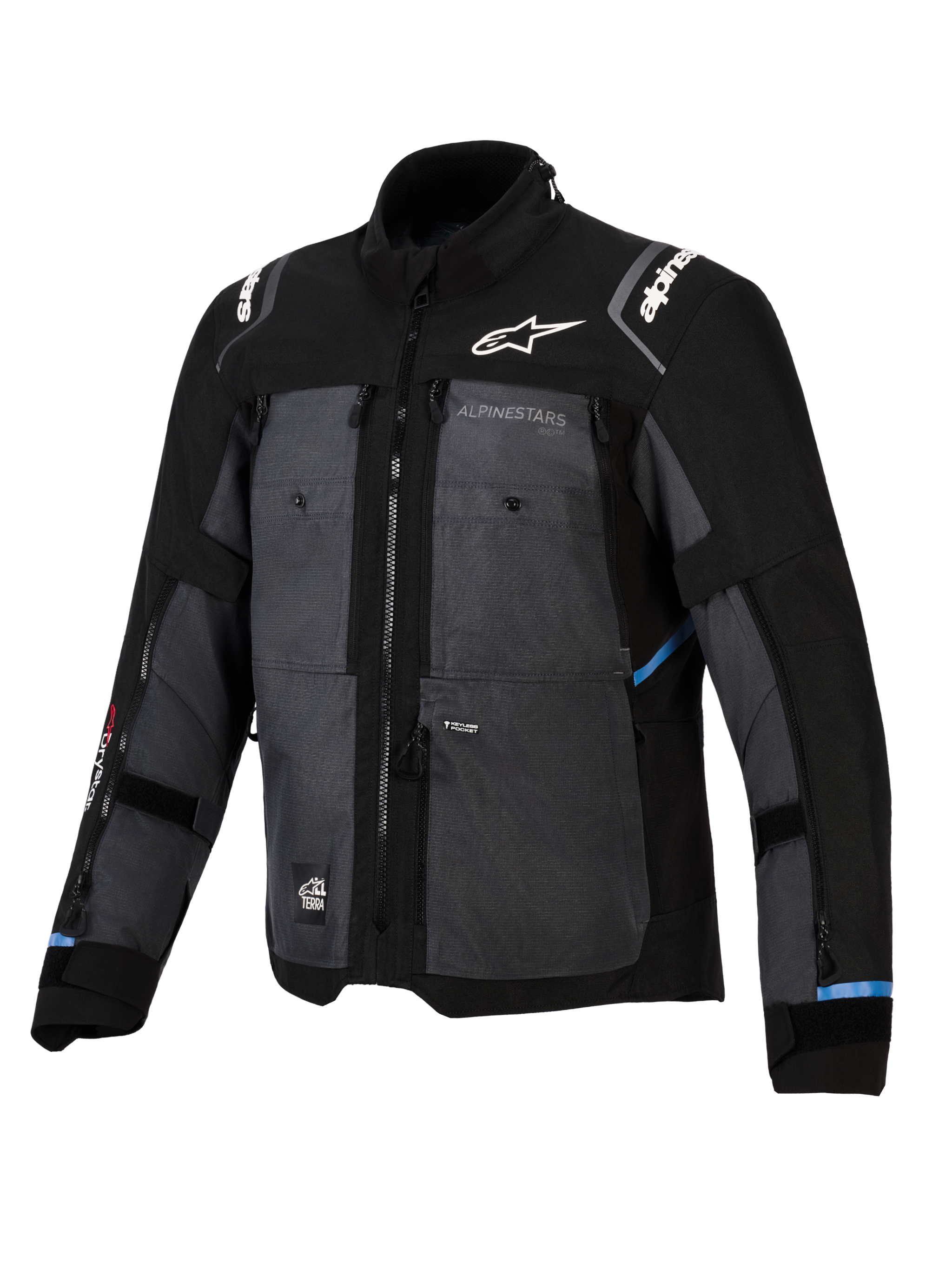 Alpinestars Cusco Drystar®-jacka, adventure touring-jacka, svart och mörkgrå, med paneler i ripstop-textil, vit Alpinestars-logotyp på bröstet och axlarna, flera ventilationsdragkedjor och ljusblå detaljer.