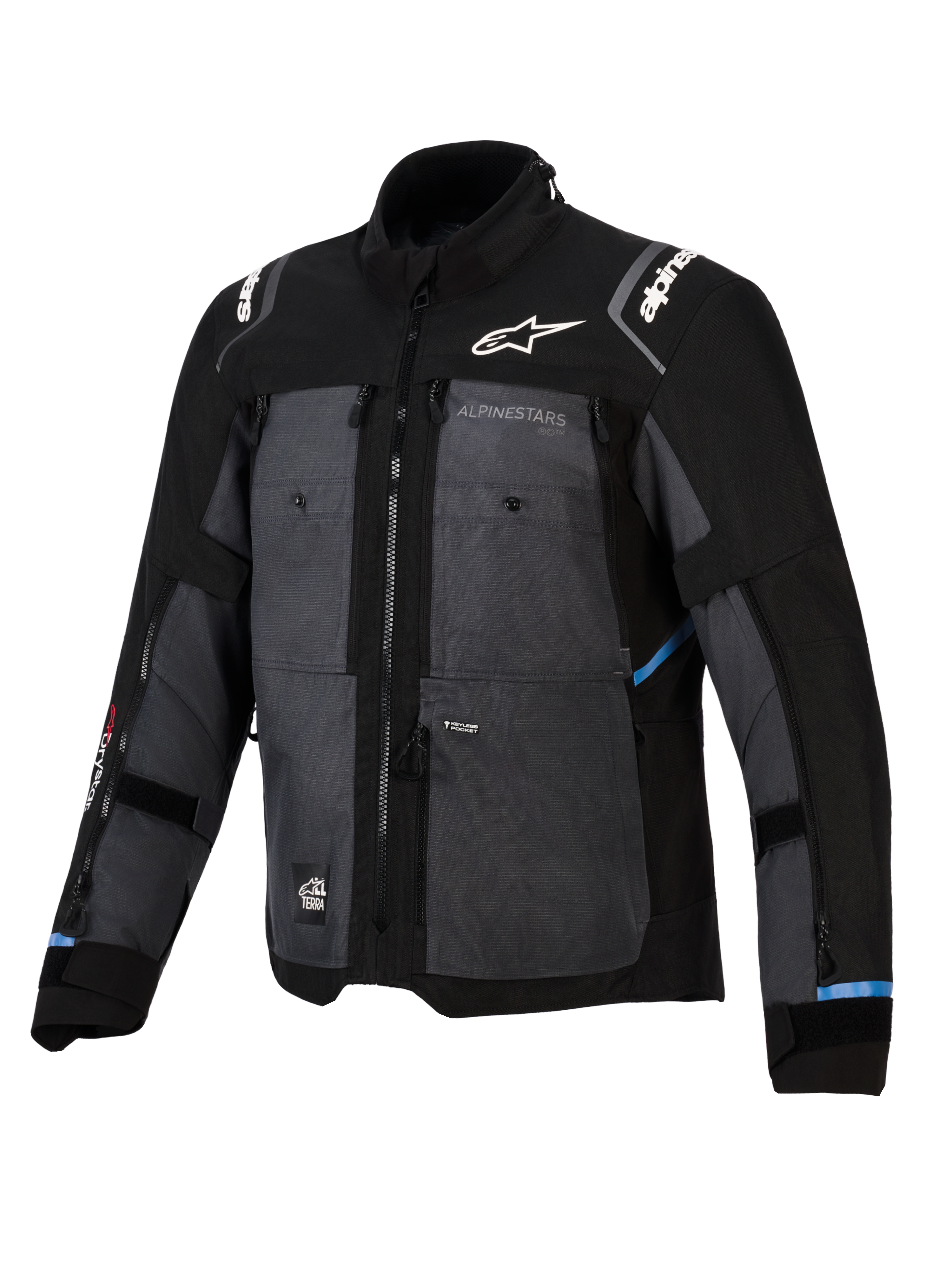 Alpinestars Cusco Drystar®-jacka, adventure touring-jacka, svart och mörkgrå, med paneler i ripstop-textil, vit Alpinestars-logotyp på bröstet och axlarna, flera ventilationsdragkedjor och ljusblå detaljer.