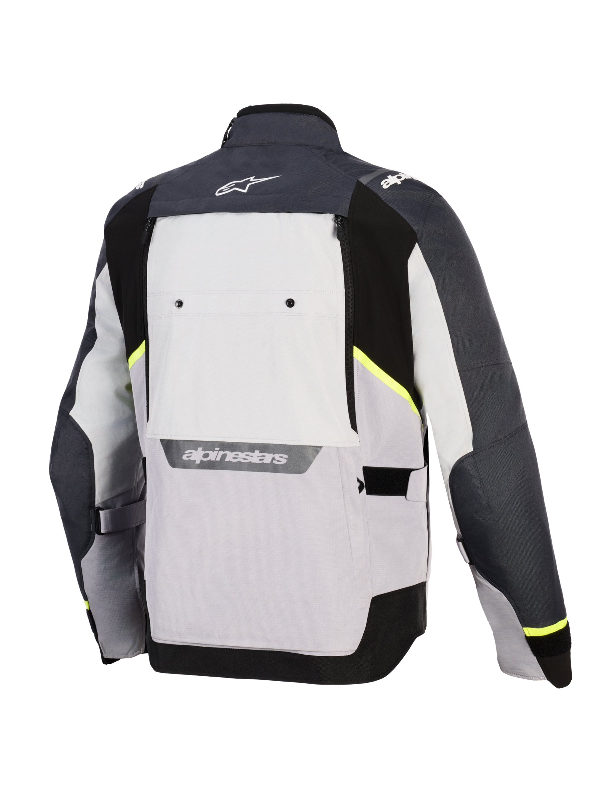 Alpinestars Cusco Drystar®-jacka, motorcykeljacka, Ice Gray, Mid Gray och Deep Gray, vy bakifrån med textilpaneler i olika gråtoner, neongula detaljer, stor ventilationspanel på ryggen och vit Alpinestars-logotyp på kragen och nedre delen av ryggen