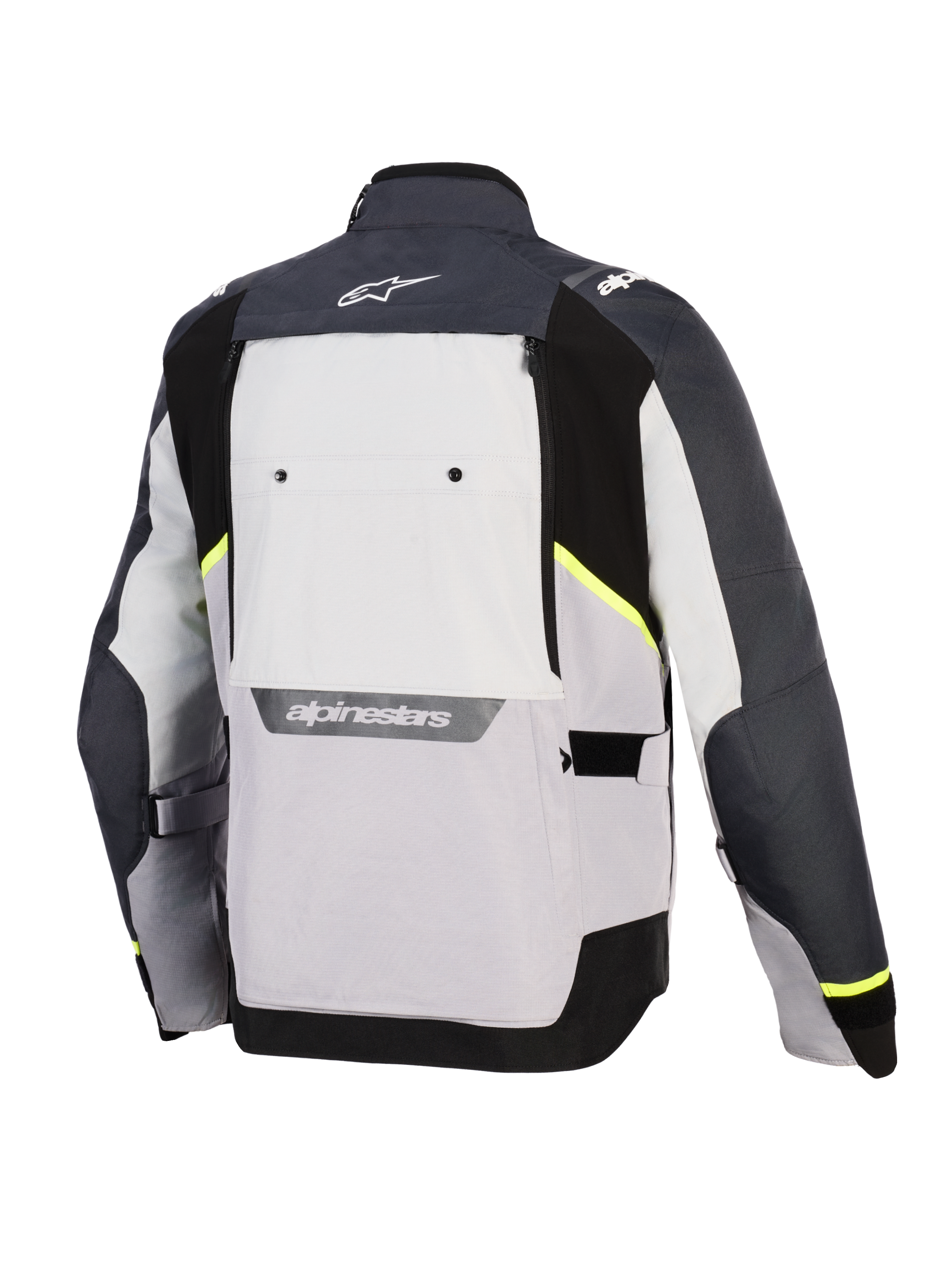 Alpinestars Cusco Drystar®-jacka, motorcykeljacka, Ice Gray, Mid Gray och Deep Gray, vy bakifrån med textilpaneler i olika gråtoner, neongula detaljer, stor ventilationspanel på ryggen och vit Alpinestars-logotyp på kragen och nedre delen av ryggen