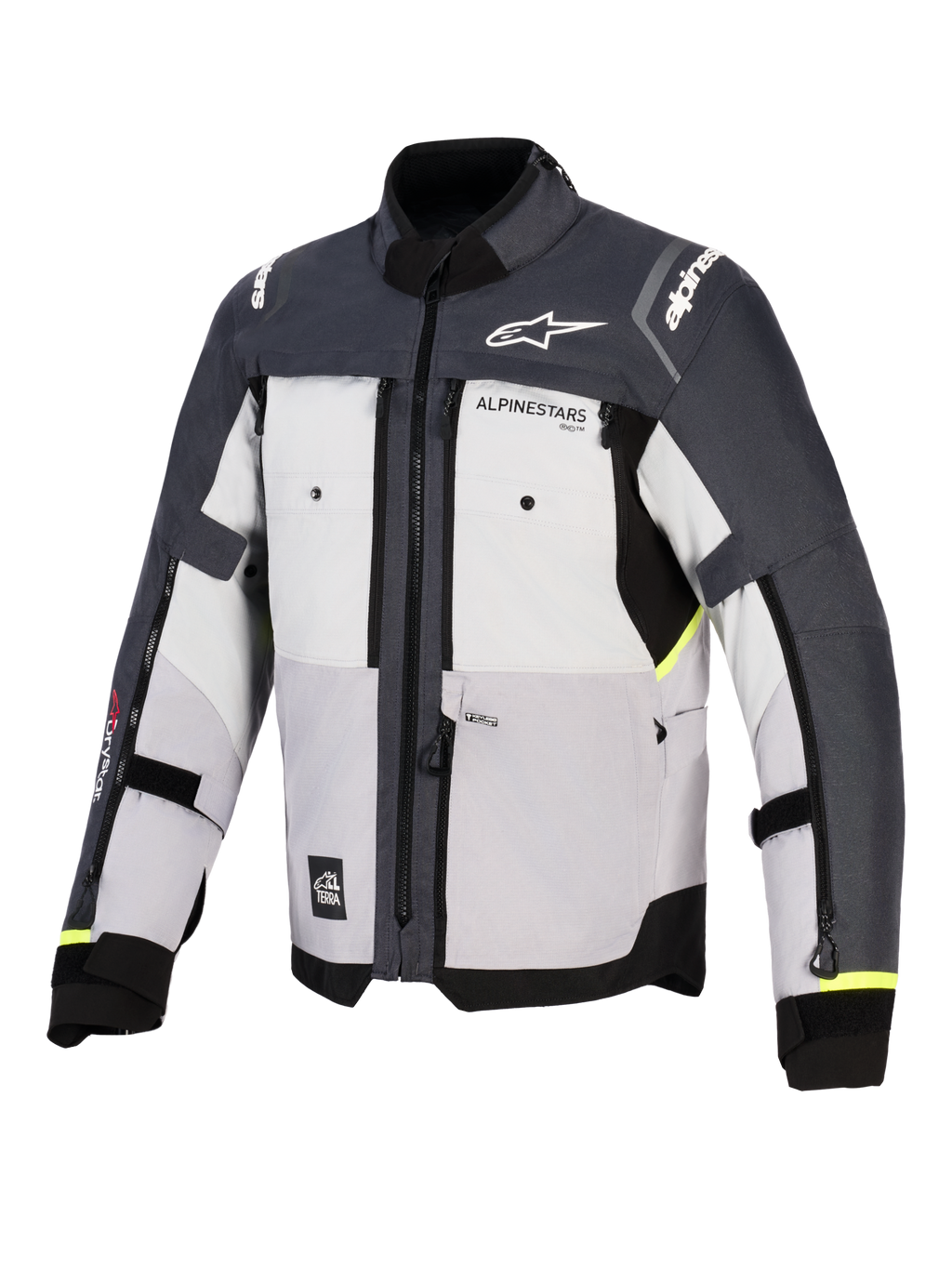 Alpinestars Cusco Drystar®-jacka, motorcykeljacka för äventyrskörning, Ice Gray, Mid Gray och Deep Gray, vy framifrån med textilkonstruktion i flera paneler, bröstventiler med dragkedja och Alpinestars-logotyper på bröstet och axlarna