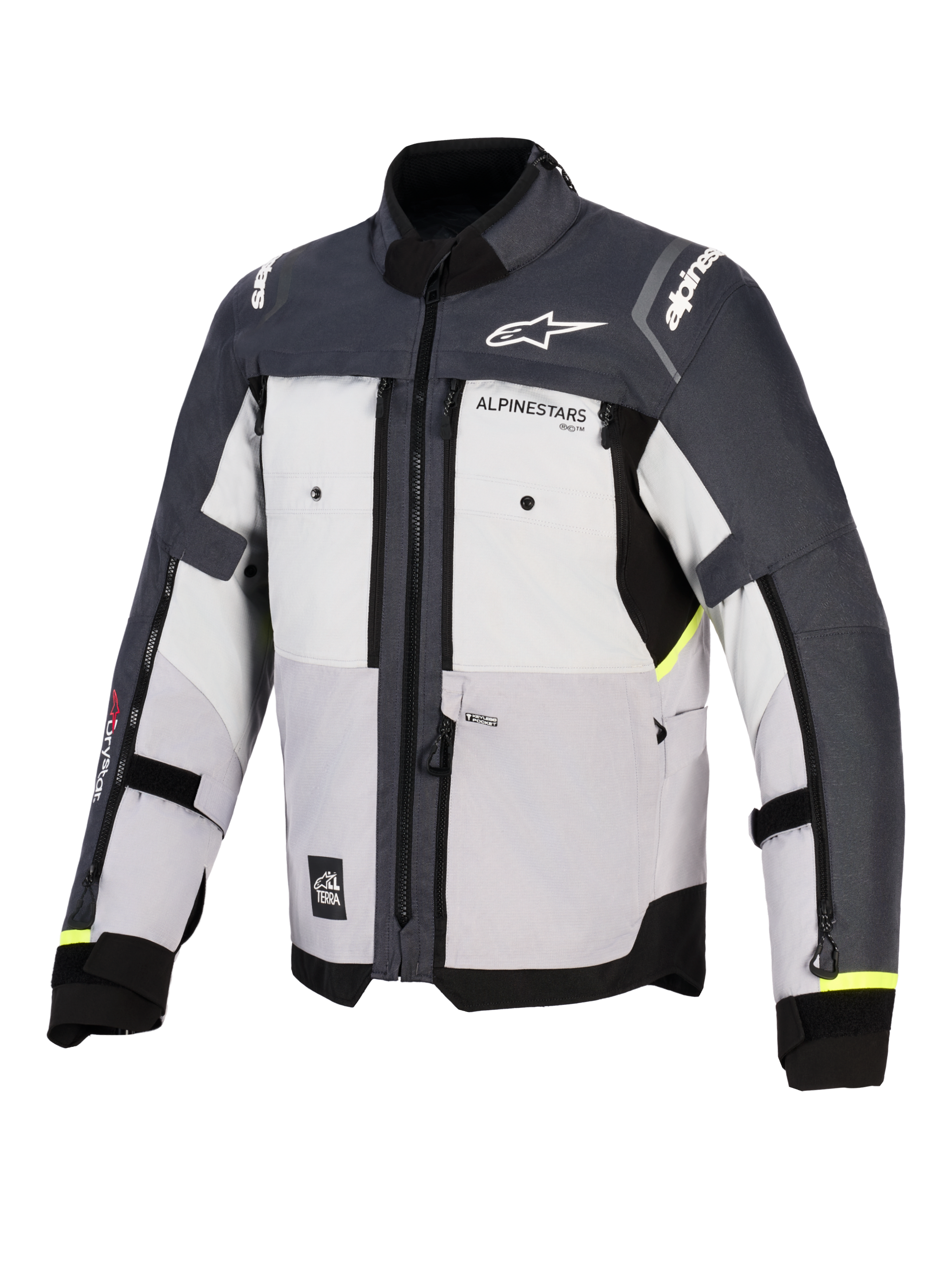 Alpinestars Cusco Drystar®-jacka, motorcykeljacka för äventyrskörning, Ice Gray, Mid Gray och Deep Gray, vy framifrån med textilkonstruktion i flera paneler, bröstventiler med dragkedja och Alpinestars-logotyper på bröstet och axlarna