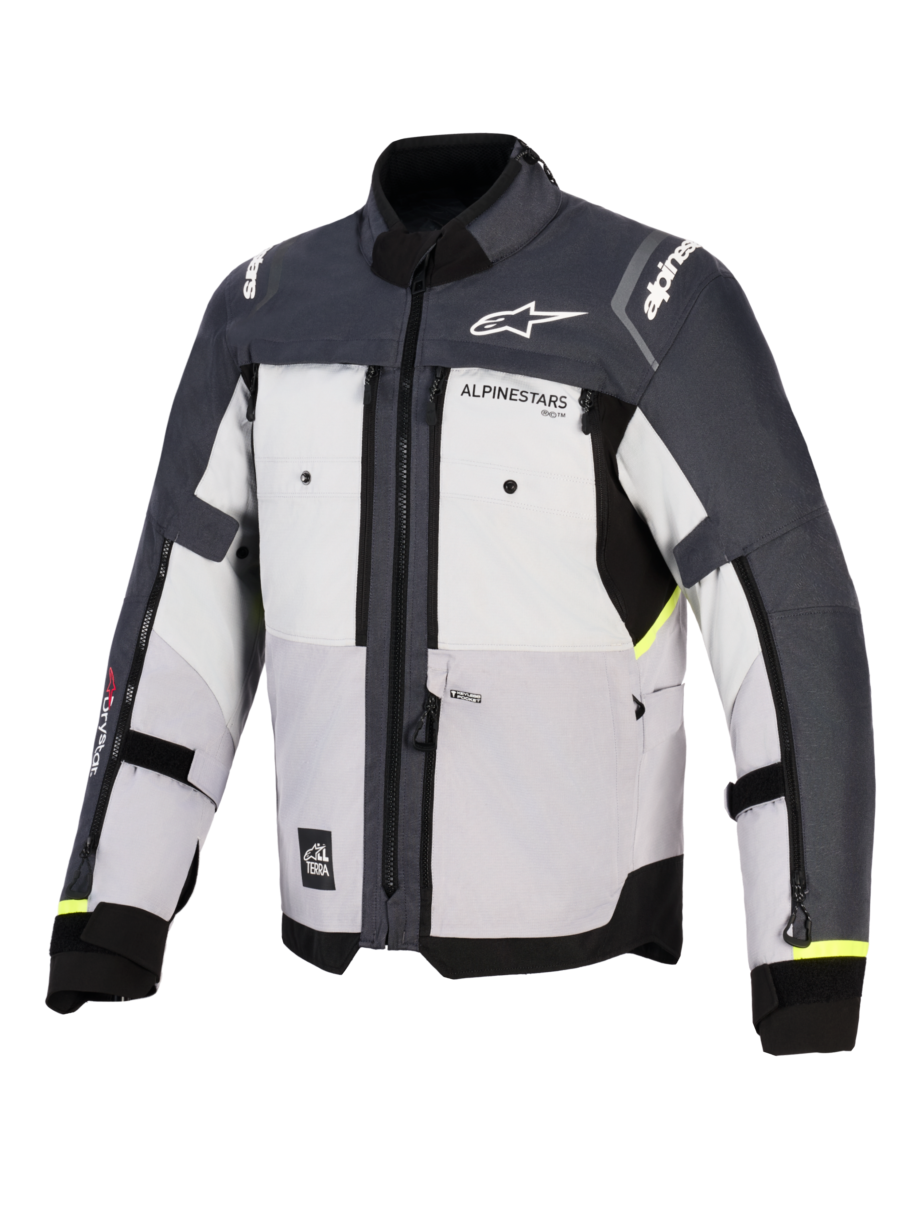Alpinestars Cusco Drystar®-jacka, motorcykeljacka för äventyrskörning, Ice Gray, Mid Gray och Deep Gray, vy framifrån med textilkonstruktion i flera paneler, bröstventiler med dragkedja och Alpinestars-logotyper på bröstet och axlarna