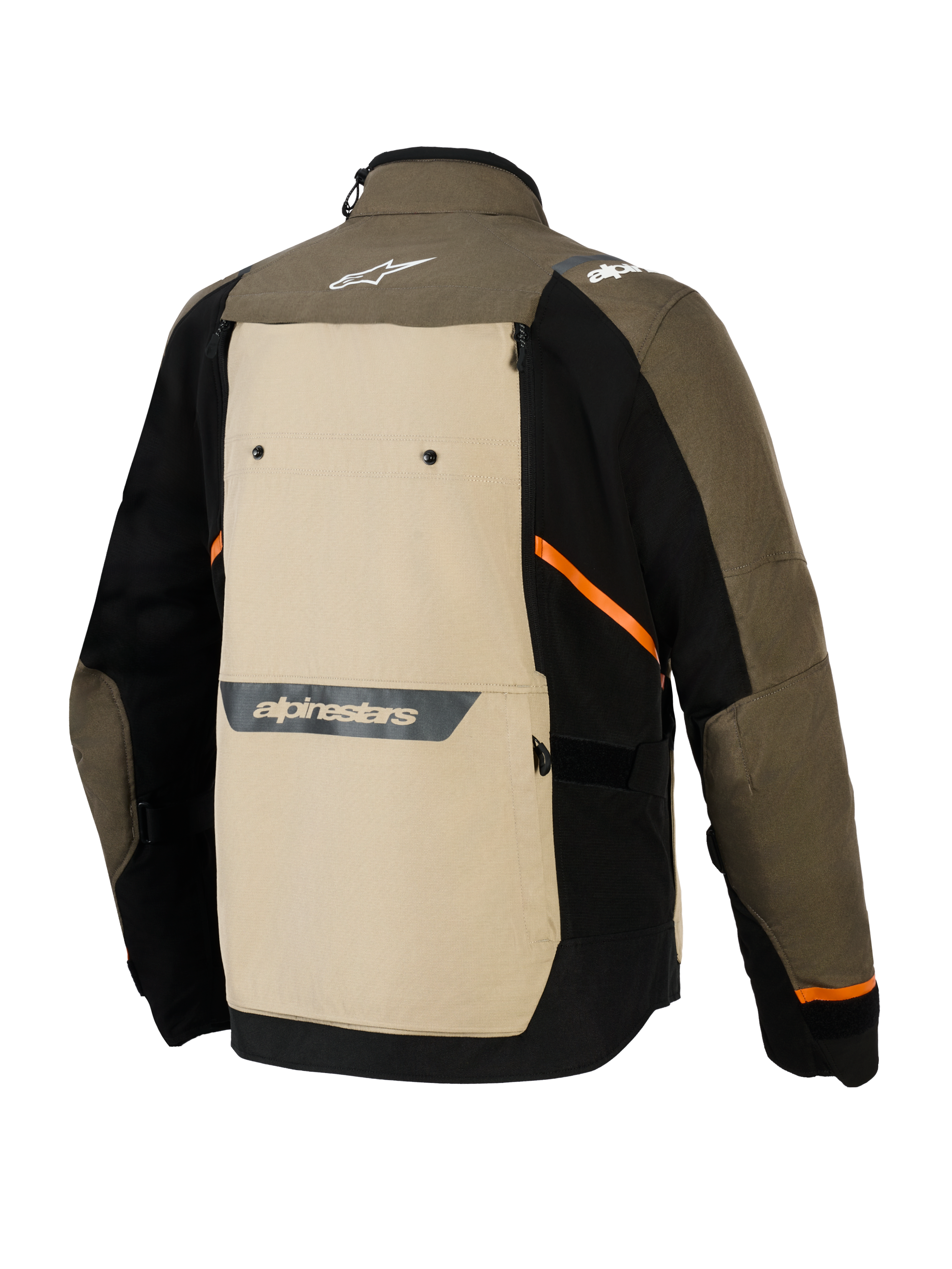 Alpinestars Cusco Drystar®-jacka, sedd bakifrån, Walnut Aluminum Black, äventyrsmotorcykeljacka i textil med en stor beige ryggpanel, orange diagonala detaljer och reflekterande logotyper på ett brunt och svart skal.