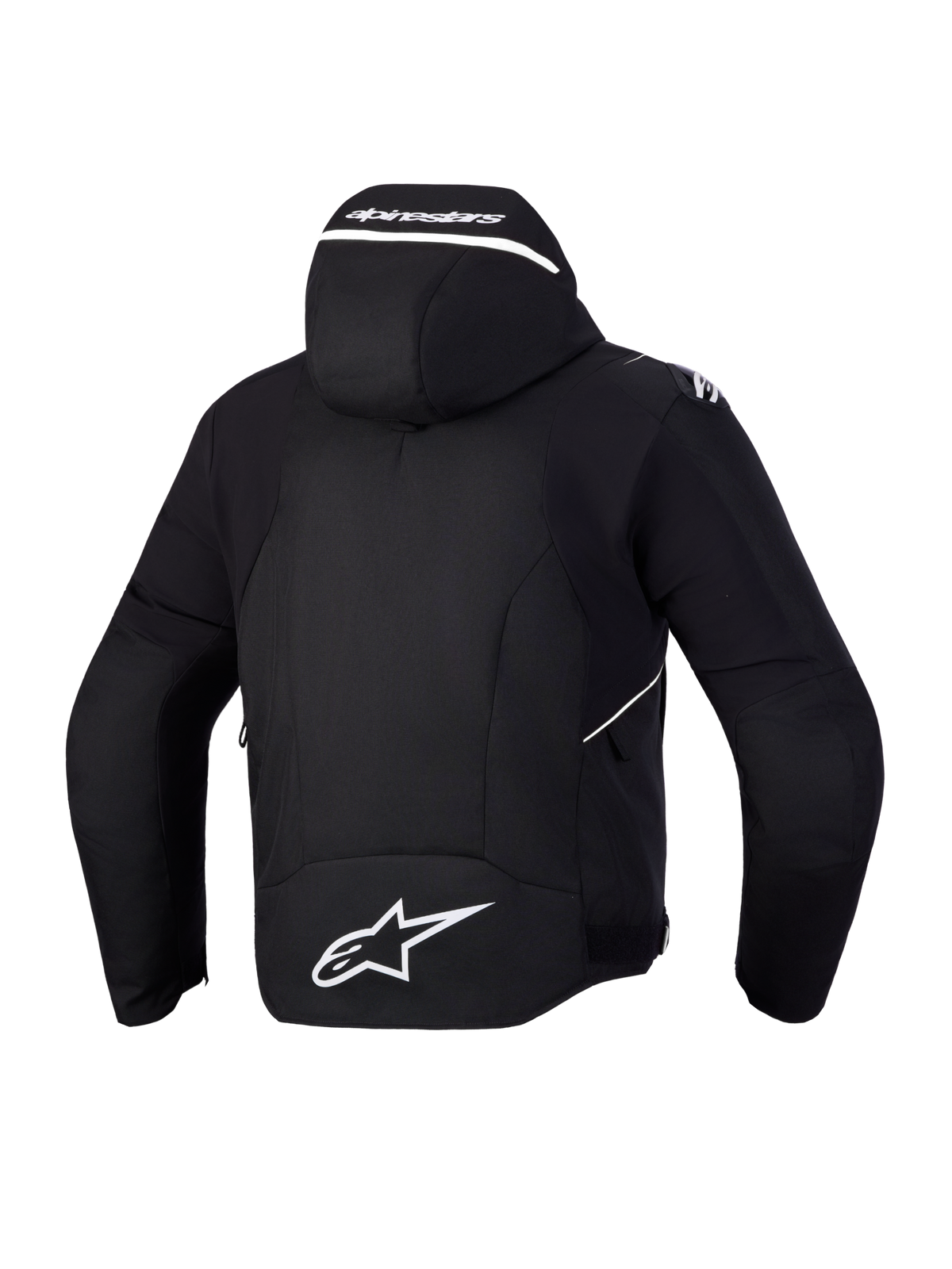 Alpinestars Zaca V 2 Waterproof Jacka, motorcykeljacka för herrar, svart med vita detaljer, bakre vy med integrerad huva och Alpinestars-logotyp