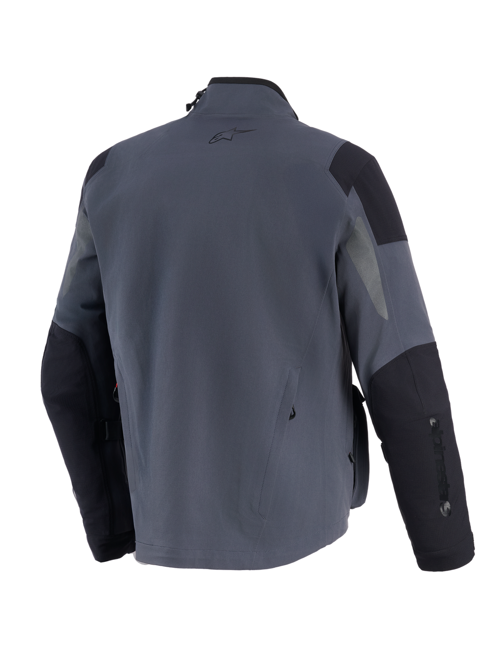 Alpinestars Maxdura Drystar®XF Laminated Armored Shell, teknisk mc-jacka för äventyrskörning, mörkgrå och svart, vy bakifrån med förstärkta axel- och armbågspaneler, liten A-star-logotyp på övre delen av ryggen och vertikal branding på ärmen.