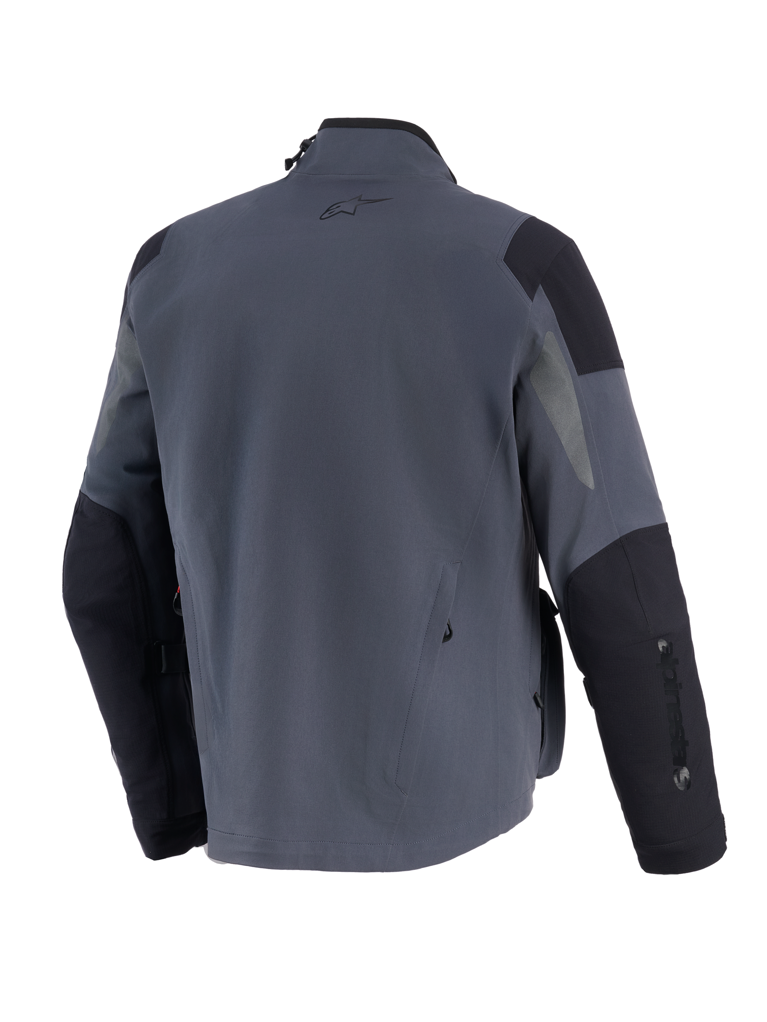 Alpinestars Maxdura Drystar®XF Laminated Armored Shell, teknisk mc-jacka för äventyrskörning, mörkgrå och svart, vy bakifrån med förstärkta axel- och armbågspaneler, liten A-star-logotyp på övre delen av ryggen och vertikal branding på ärmen.