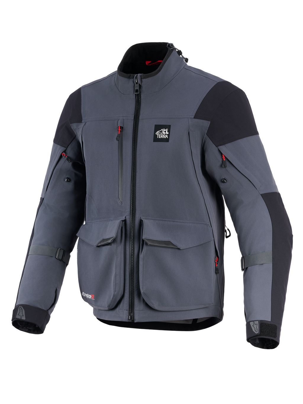 Alpinestars Maxdura Drystar®XF Laminated Armored Shell, motorcykeljacka, mörkgrå och svart, vy framifrån med stora cargo-fickor, röda dragkedjedetaljer, 'ALL TERRA'-logotyp på bröstet och justerbara ärmremmar, teknisk utrustning för äventyrskörning