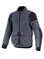 Alpinestars Maxdura Drystar®XF Laminated Armored Shell, motorcykeljacka, mörkgrå och svart, vy framifrån med stora cargo-fickor, röda dragkedjedetaljer, 'ALL TERRA'-logotyp på bröstet och justerbara ärmremmar, teknisk utrustning för äventyrskörning