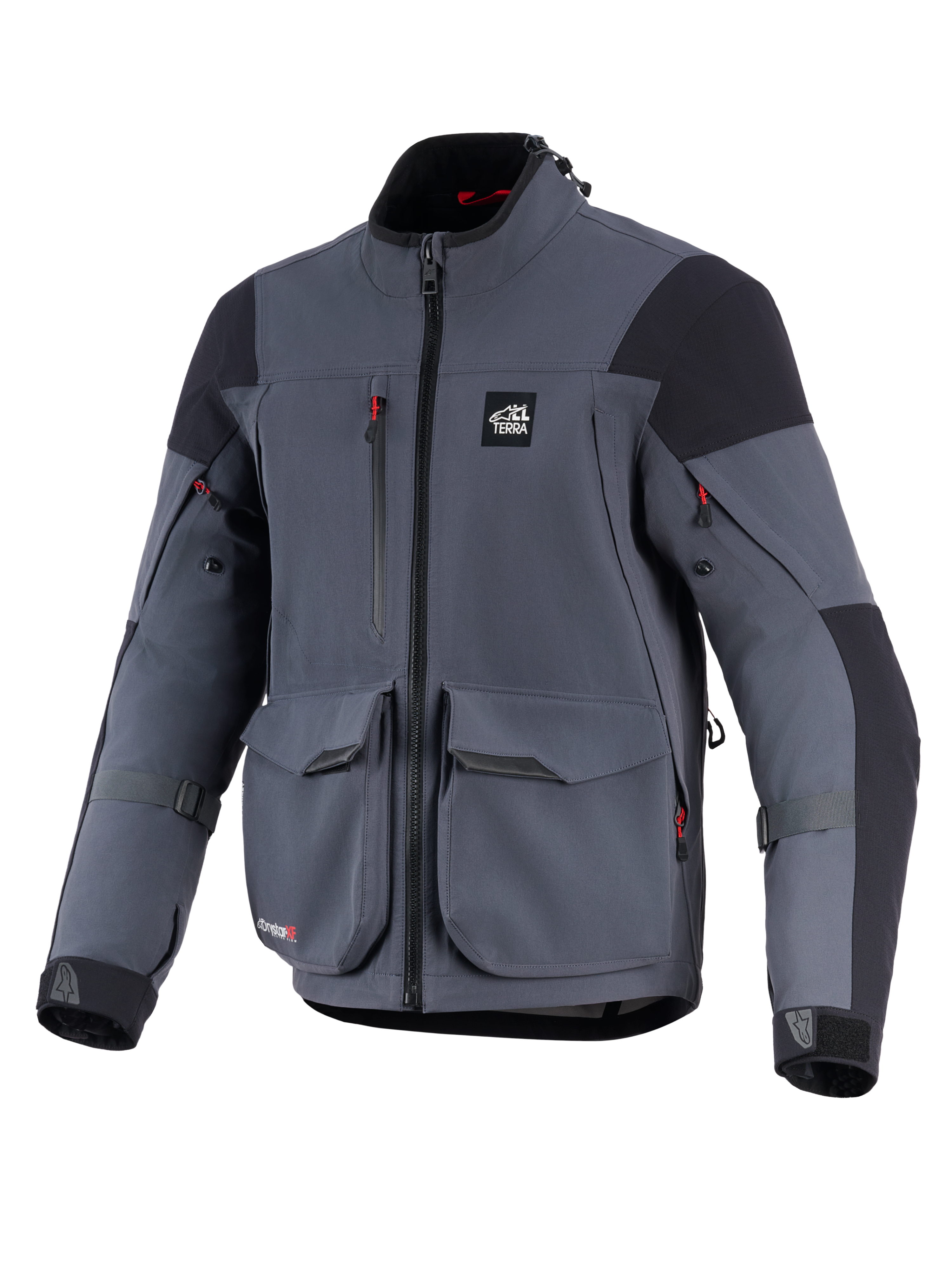 Alpinestars Maxdura Drystar®XF Laminated Armored Shell, motorcykeljacka, mörkgrå och svart, vy framifrån med stora cargo-fickor, röda dragkedjedetaljer, 'ALL TERRA'-logotyp på bröstet och justerbara ärmremmar, teknisk utrustning för äventyrskörning
