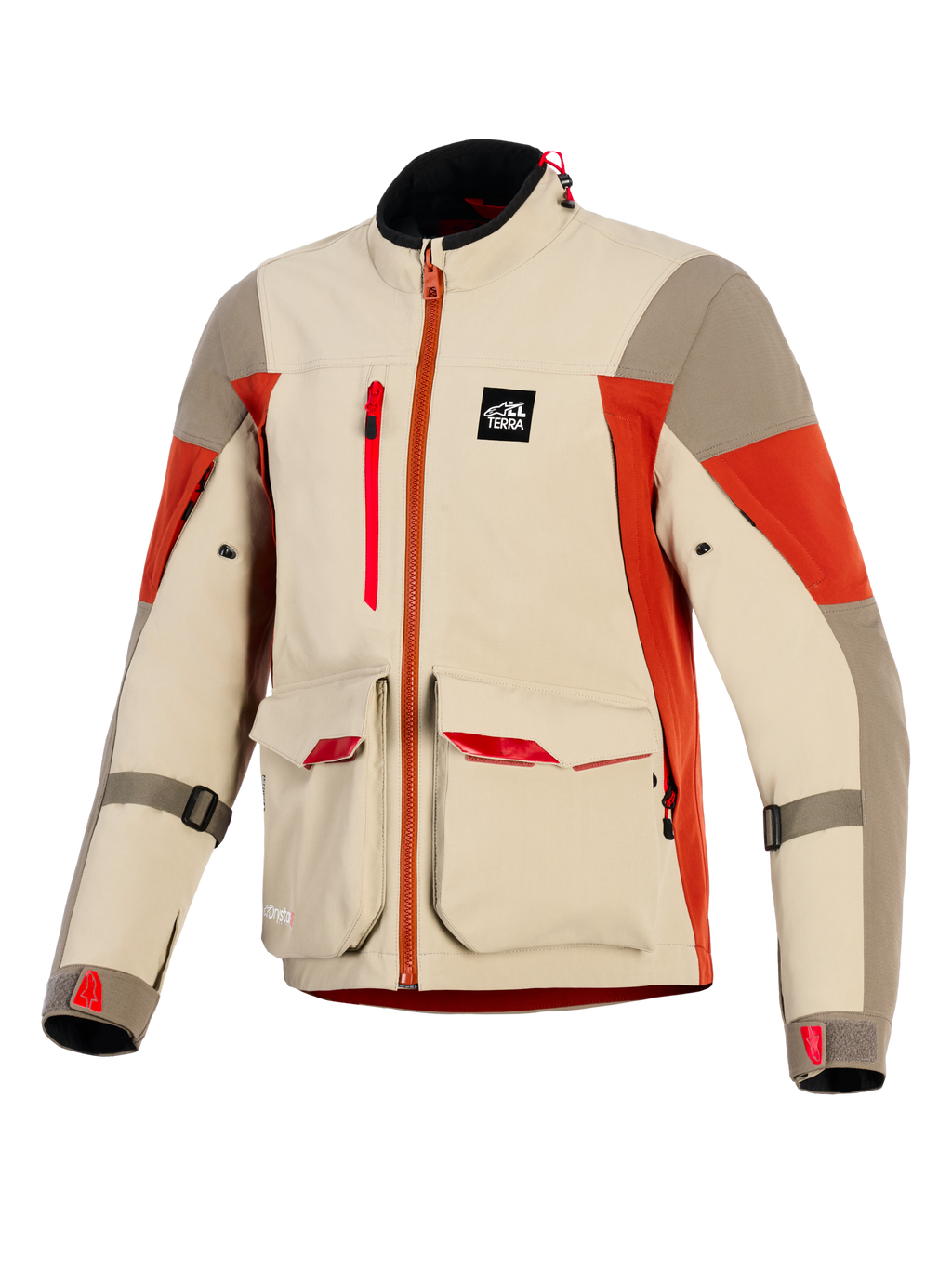Alpinestars Maxdura Drystar®XF Laminated Armored Shell, äventyrsmotorcykeljacka i färgerna Aluminum Walnut och Rust Brown, har stora utanpåfickor fram med röda detaljer, vertikal bröstdragkedja, All Terra-märkespatch och teknisk 3-lagers laminerad konstruktion.