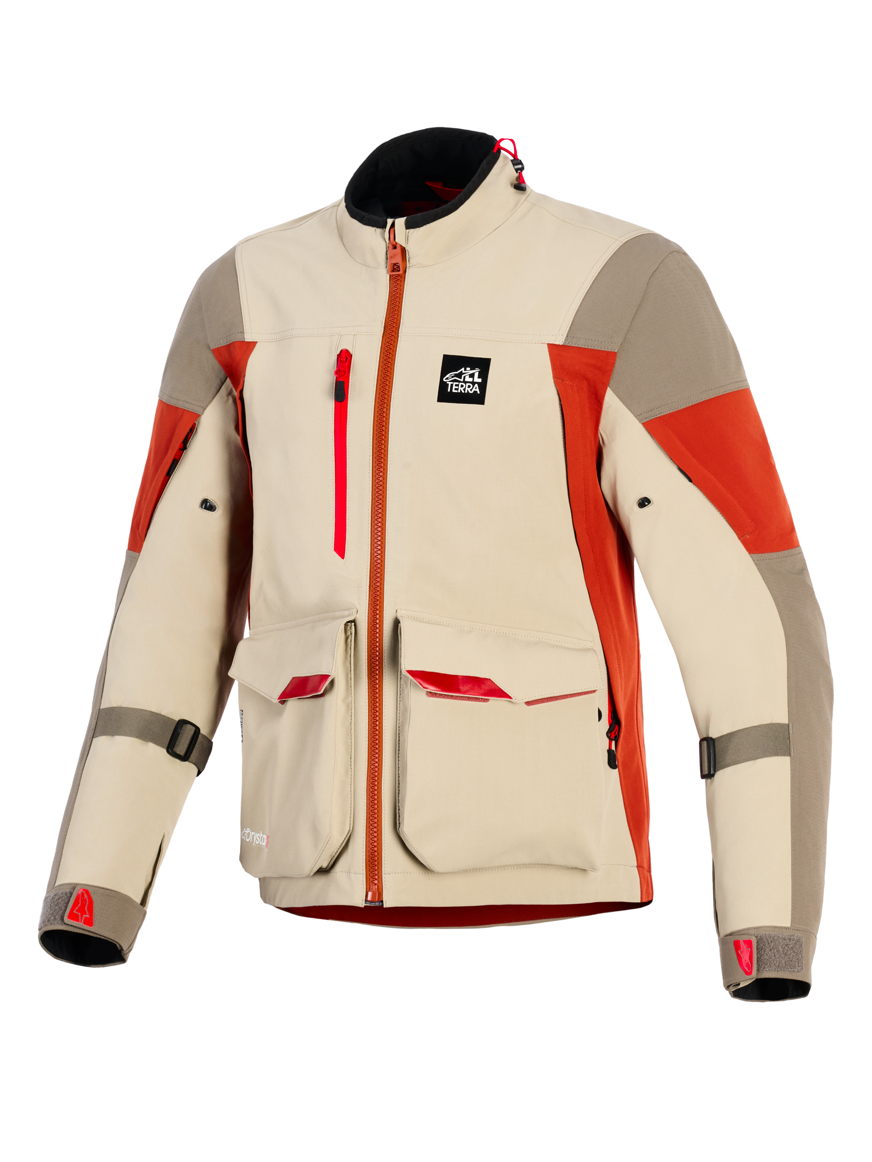 Alpinestars Maxdura Drystar®XF Laminated Armored Shell, äventyrsmotorcykeljacka i färgerna Aluminum Walnut och Rust Brown, har stora utanpåfickor fram med röda detaljer, vertikal bröstdragkedja, All Terra-märkespatch och teknisk 3-lagers laminerad konstruktion.