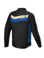 Alpinestars T-Dyno Vattenavvisande Jacka, herrmotorcykeljacka i textil, svart med blå och ekrufärgade detaljer, bakifrån som visar stretchpaneler och rygglogotyp