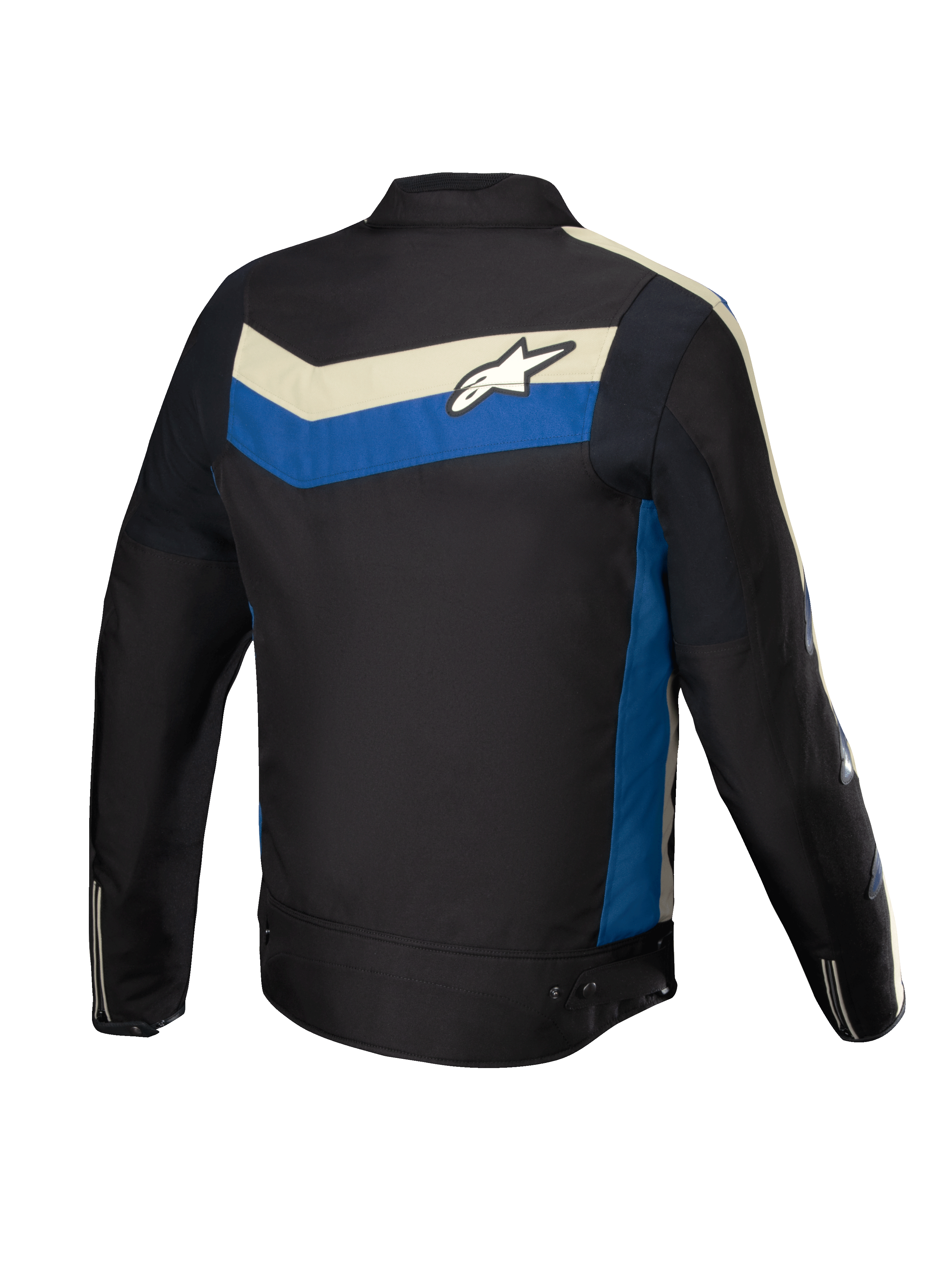 Alpinestars T-Dyno Vattenavvisande Jacka, herrmotorcykeljacka i textil, svart med blå och ekrufärgade detaljer, bakifrån som visar stretchpaneler och rygglogotyp