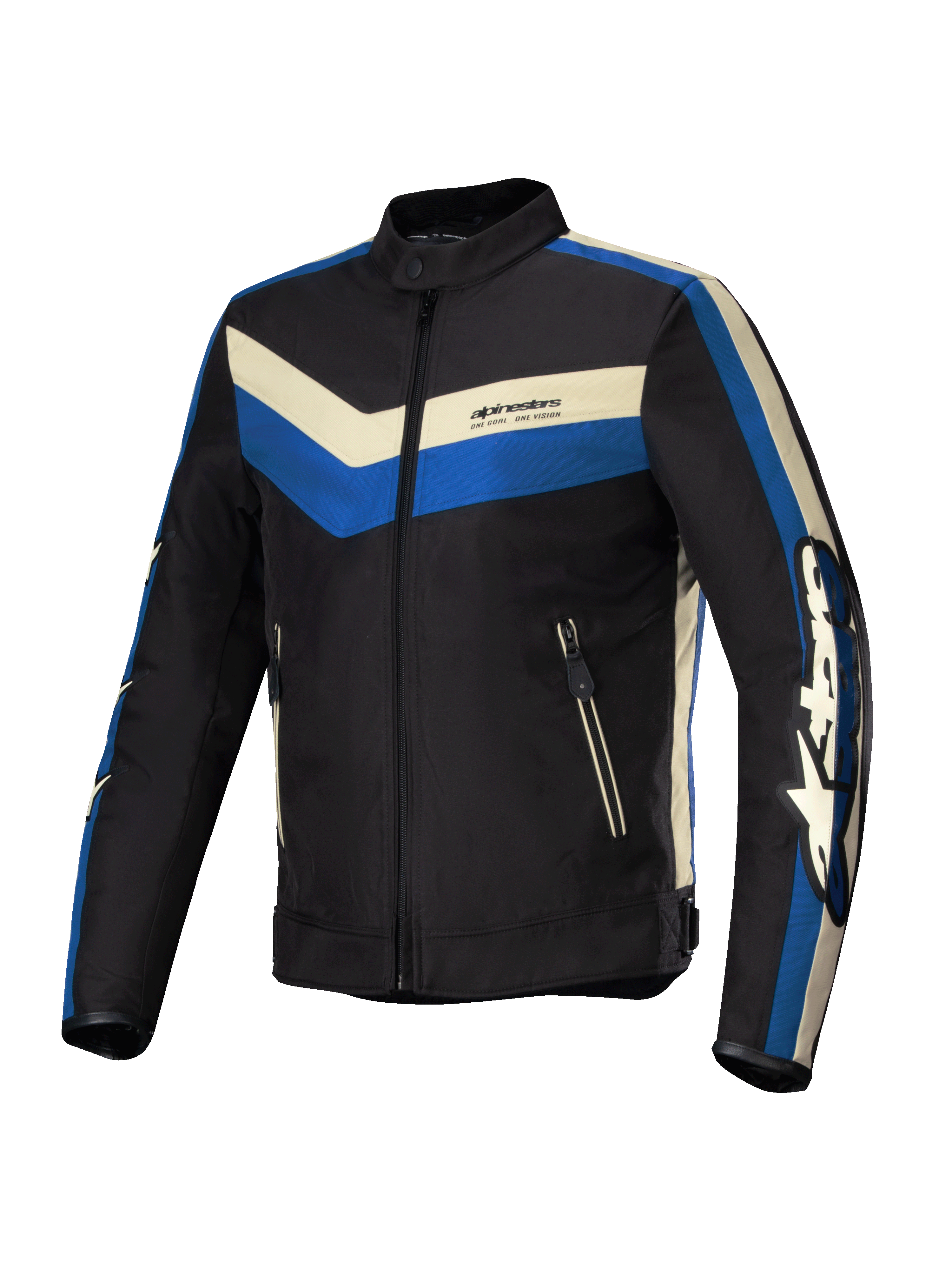 Alpinestars T-Dyno Vattenavvisande jacka, herrmotorcykeljacka i svart, blått och ecru, CE-certifierad med vattenavvisande konstruktion och vintageinspirerad bikerpassform